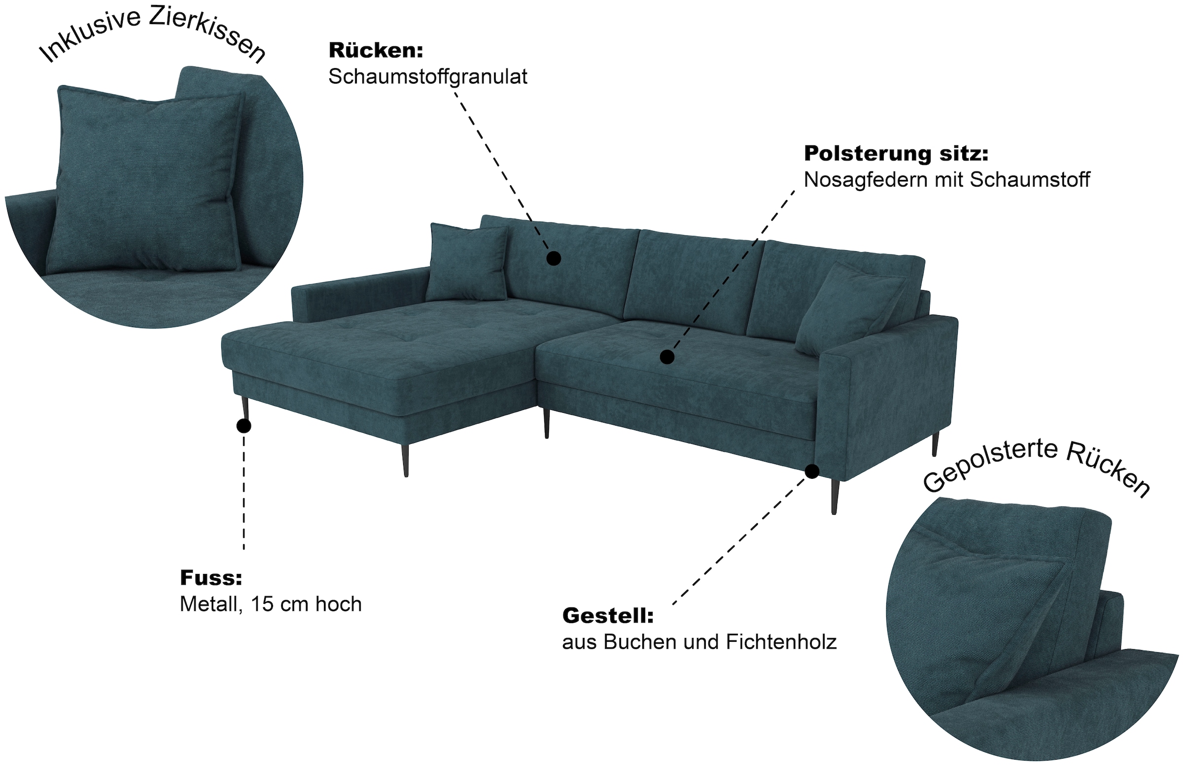 Trends by HG Ecksofa »Summer L-Form, B: 280cm, in Cord & Struktur« wahlweise mit Kopfstützen, schwarze Metallfüße