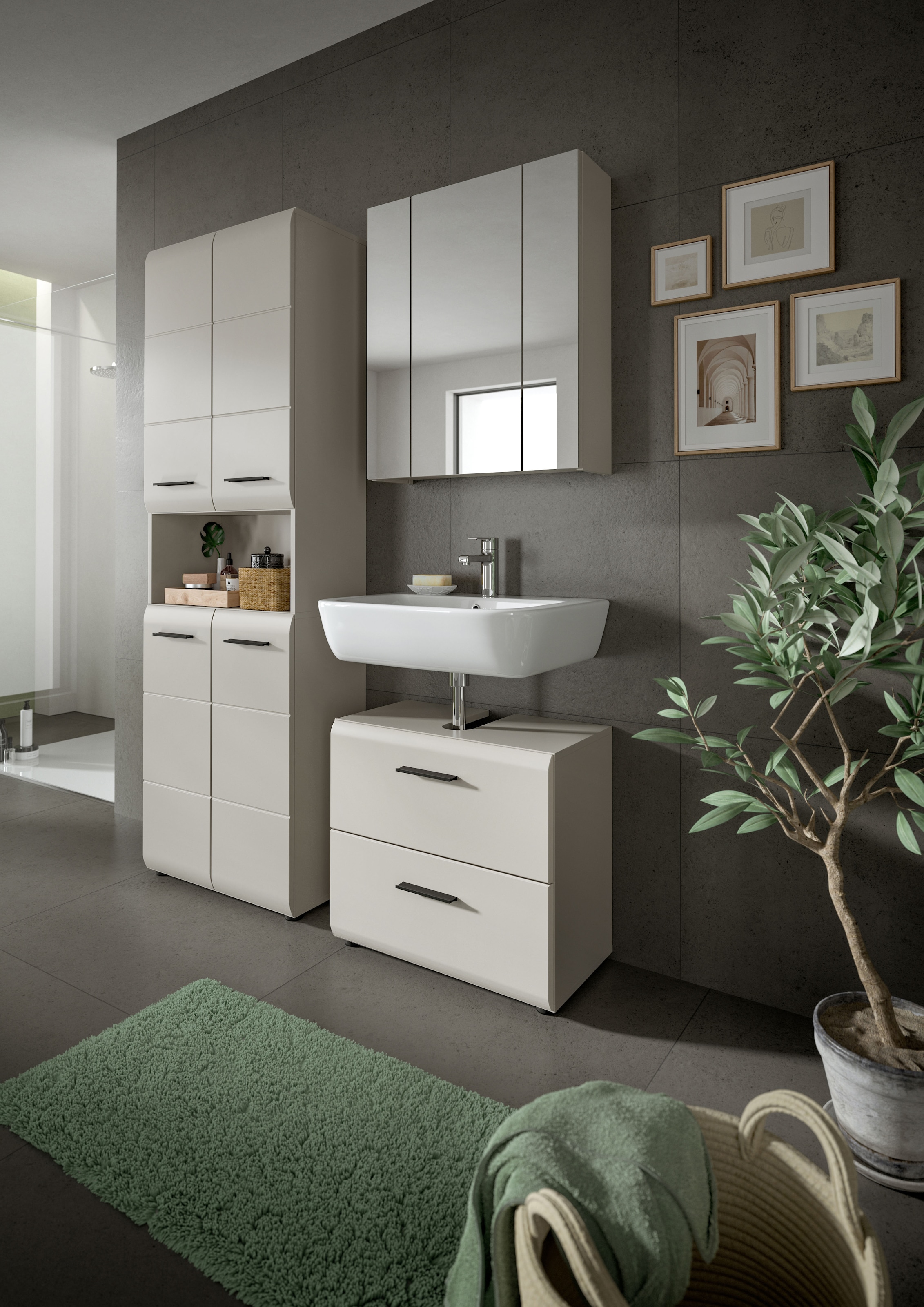 welltime Stauraumschrank »FLORENZ, TOPSELLER!, Höhe 185 cm, 4 oder 6 Türen, viel Stauraum« TOPSELLER!, 1 Stk. tlg. hochwertige MDF Front, Griff schwarz, Badschrank, Bad