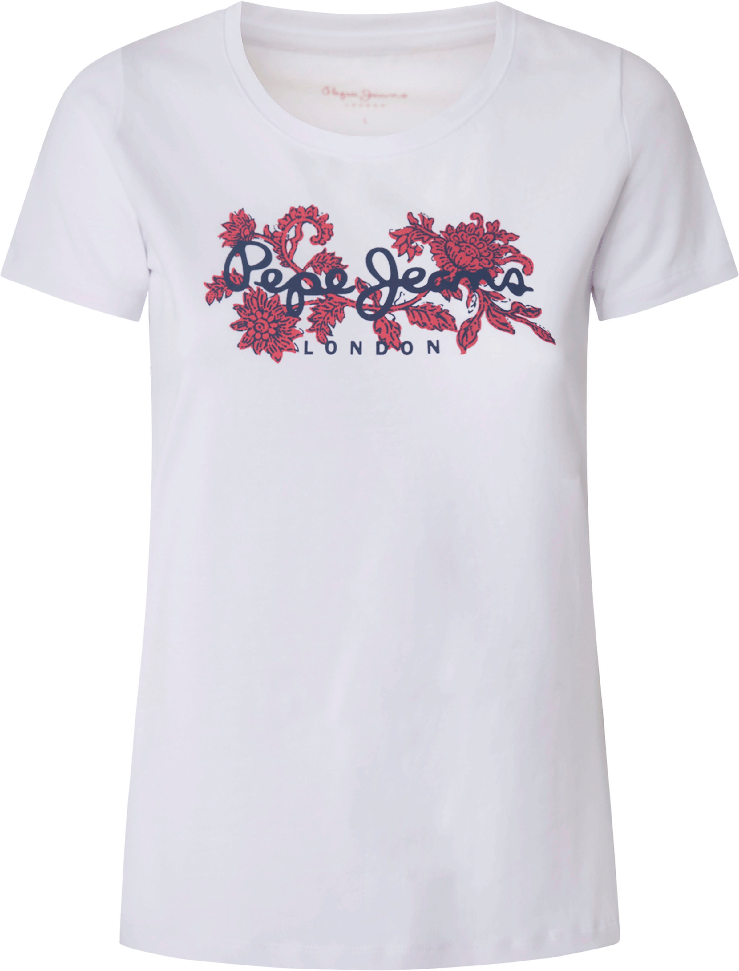 ♕ mit Jeans floralem und bei Pepe Stretch Rundhalsshirt »NEREA«, Logo-Print