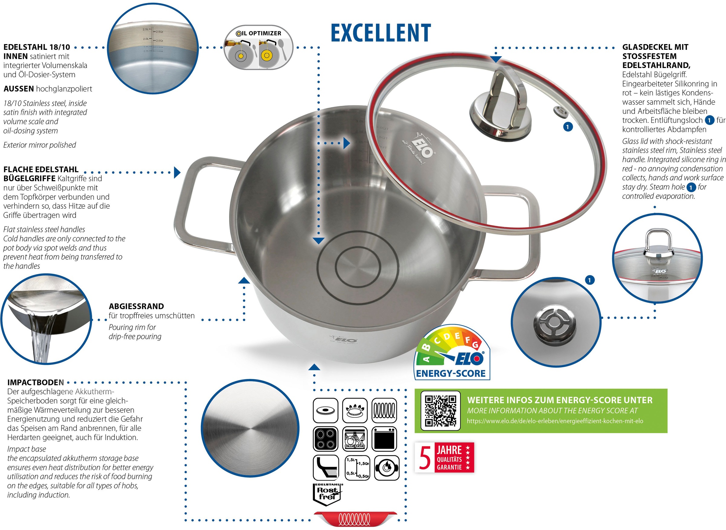 Elo Topf-Set »Excellent« Set, Bratentopf Ø 20 cm, je 1 Fleischtopf Ø 16/20/24 cm, Kasserolle Ø 16 cm, 6 Stk. tlg. Edelstahl 18/10