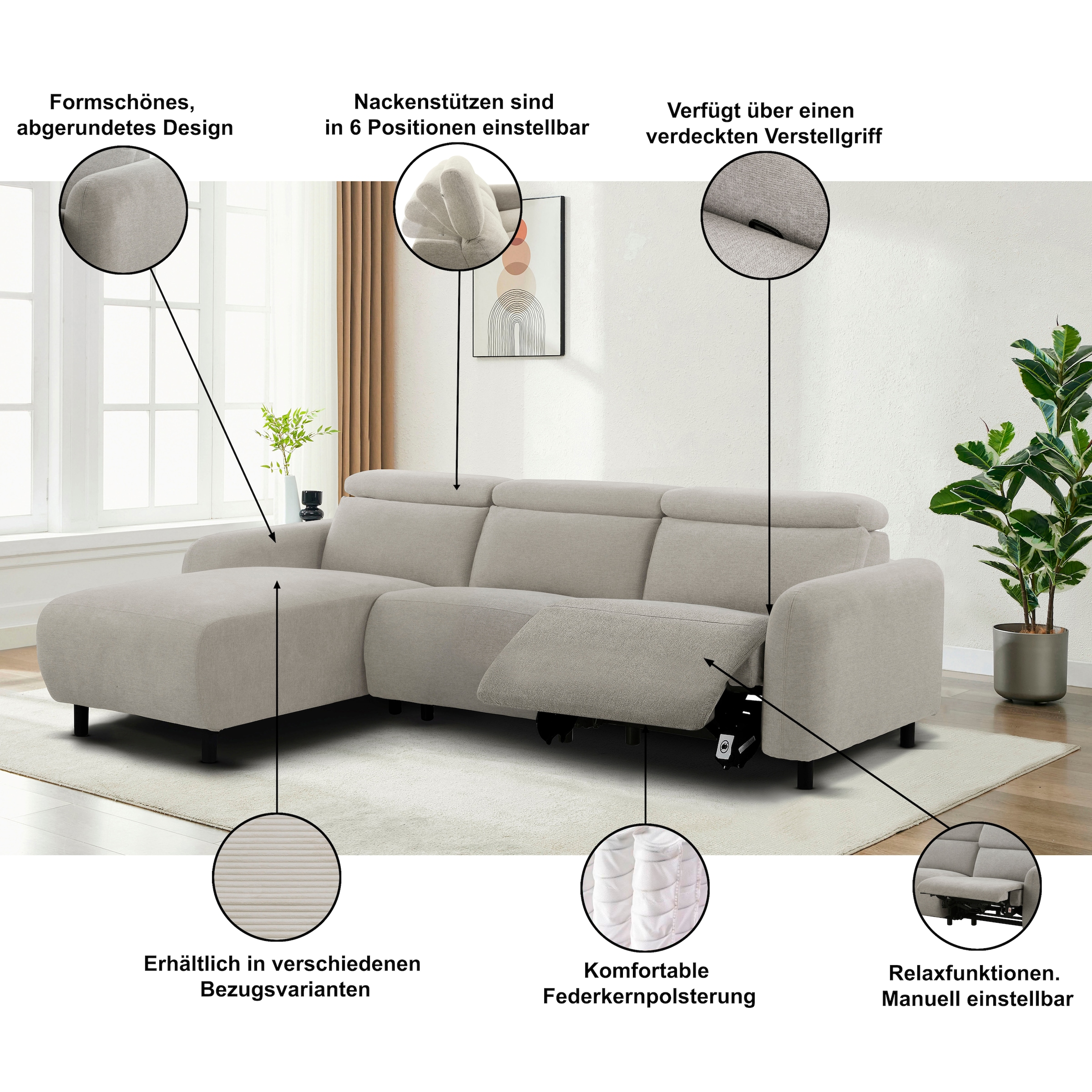 OTTO home Ecksofa »SKAANE Lederoptik, L-Form, 274 cm, manuelle/elektrische Relaxfunktion,« rundes Design, Kopfteilverstellung, Federkernpolsterung