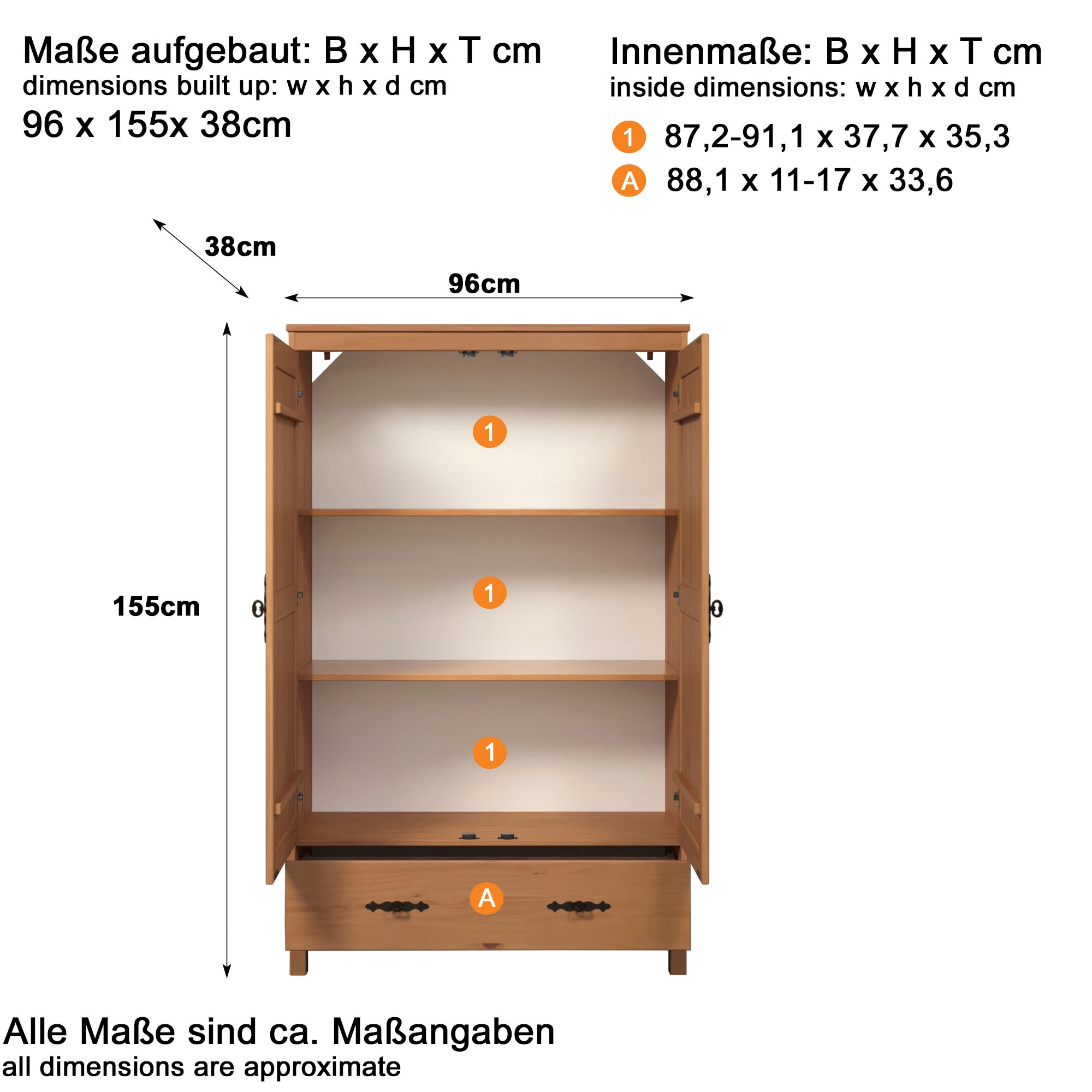 Home affaire Kleiderschrank »Sandnes Kieferschrank Schlafzimmer Schrank TOPSELLER weiß«, (1 St., natürlicher Landhaus-Look B/T/H: 96x38x155cm), Drehtürenschrank aus Massivholz mit besonderen Metallgriffen