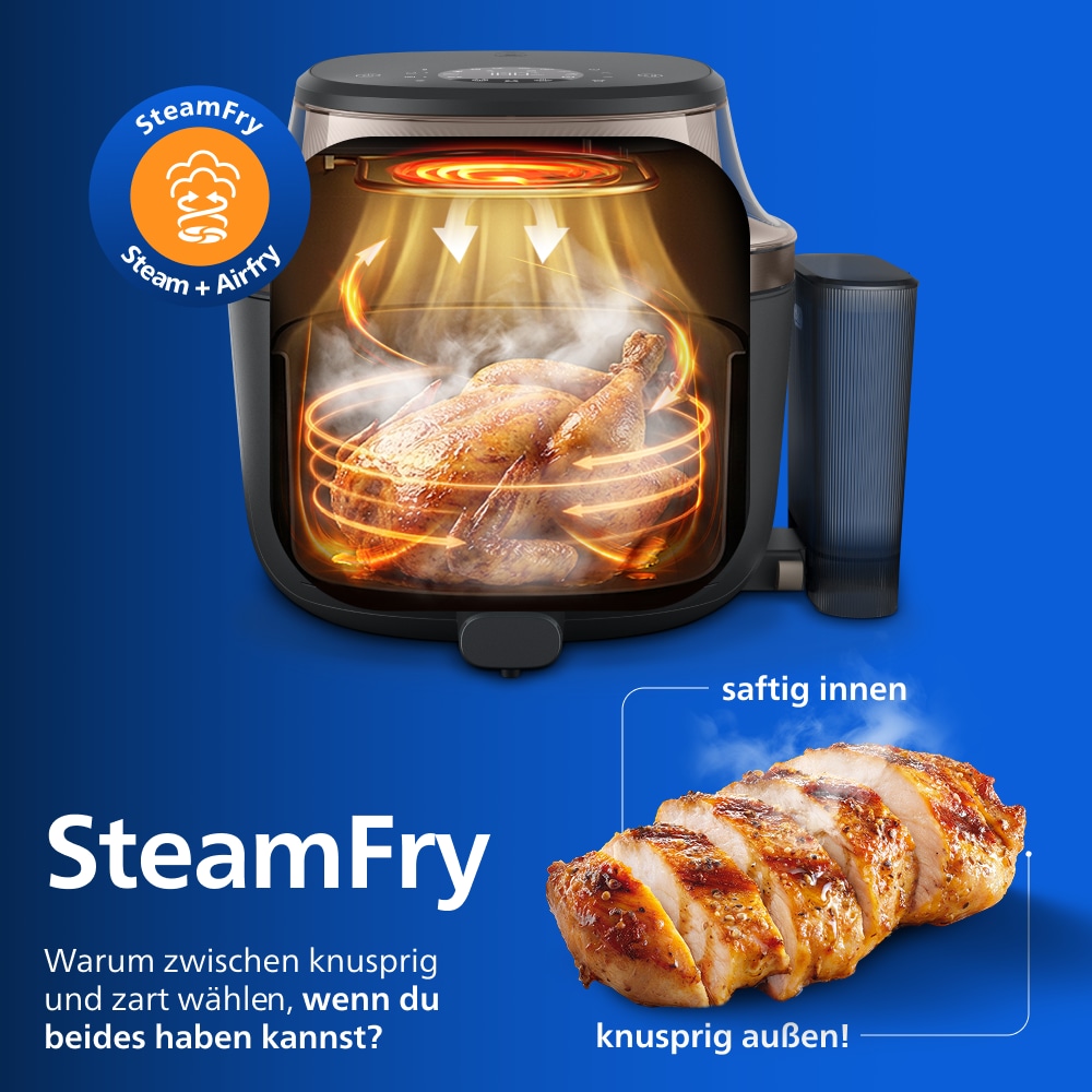 Philips Heißluftfritteuse »NA547/07 Steam Airfryer 5000 Series mit EasySlide, 7,2L Kapazität« 2000 W mit Dampfgarfunktion u. RapidAir Plus Technologie; Schwarz/Gold