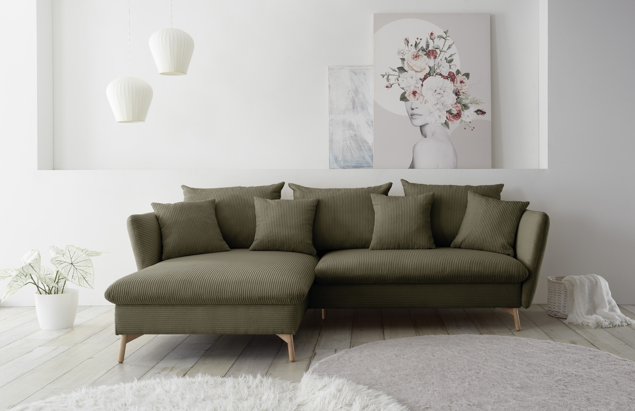 andas Ecksofa »MERLE, 258 cm, L-Form, traumhafter Cord,«, mit Bettfunktion und Bettkasten, Liegefläche 224 x 139