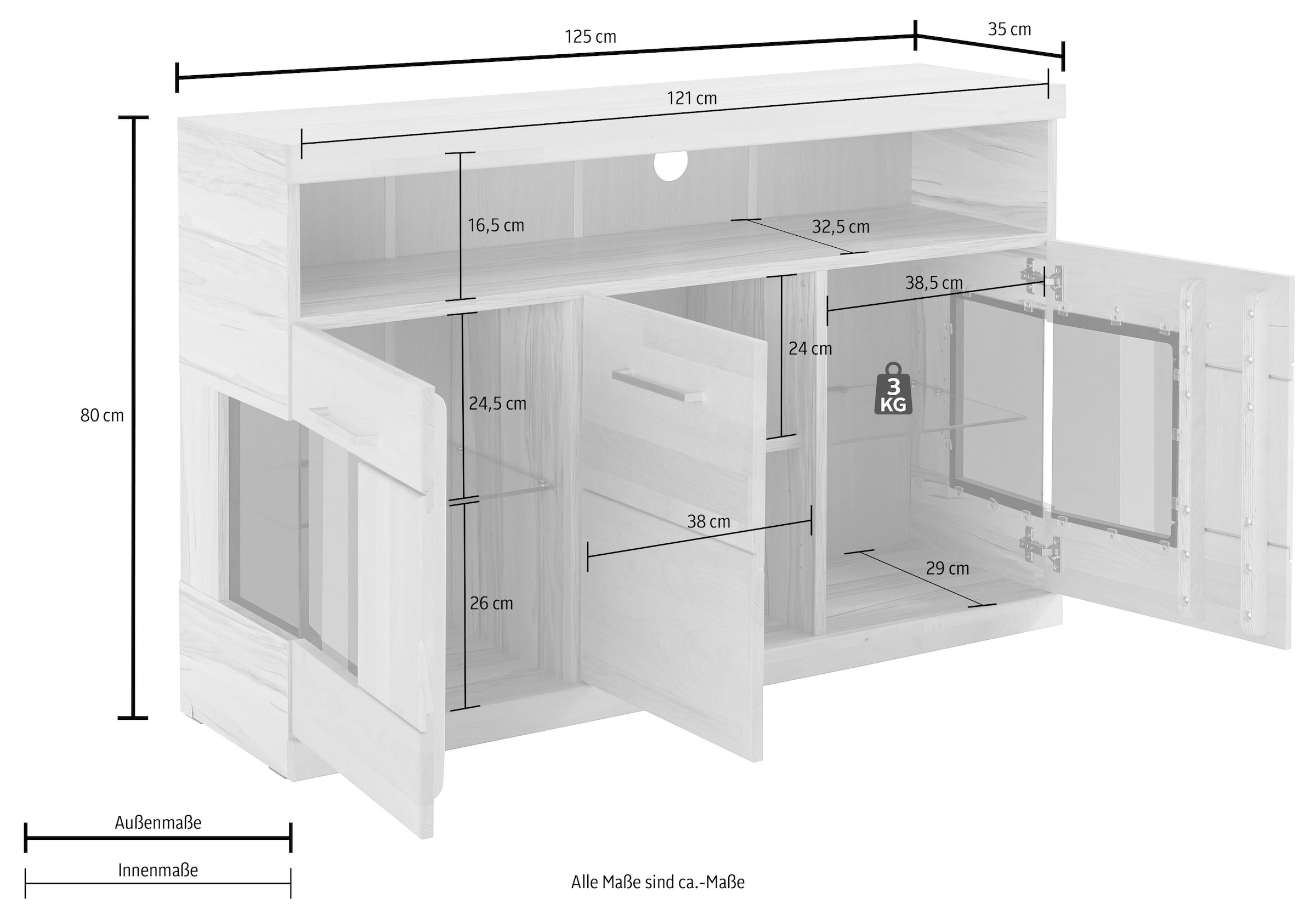 Home affaire Sideboard »Ribe,130cm breit,Fronten Massivholz,2Türen mit gehärtetem Glaseinsatz«, Korpus aus Holzwerkstoff, Metall Griffe,7 Fächer, Böden versetzbar