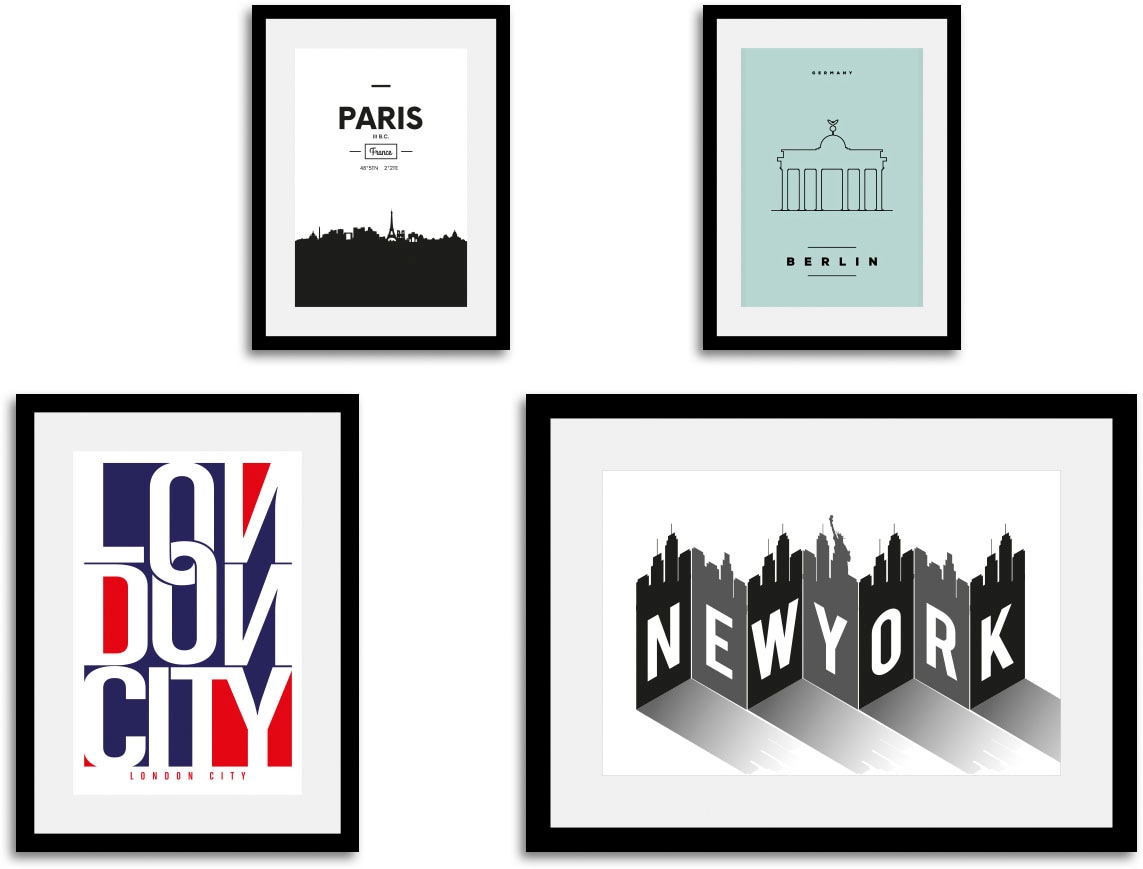 queence Bild »Metropole«, Städte-Abstrakt-Schwarz-Weiß-Amerika-Frankreich-Schriftzug-Schriftzüge, (4 St.), HD Premium Poster-Druck inkl. Holzrahmen - 4er Set