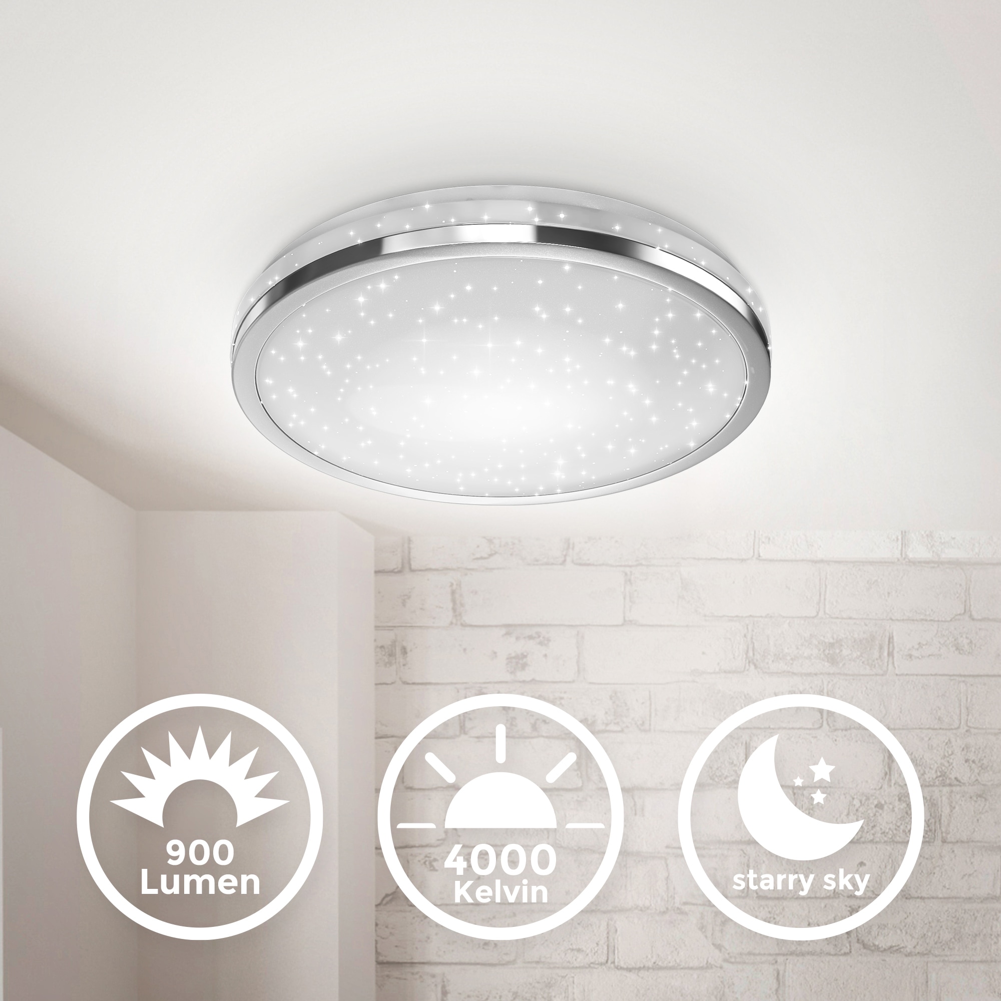 B.K.Licht LED Deckenleuchte, 1 flammig, Leuchtmittel LED-Modul | LED fest integriert, Deckenlampe mit Sternendekor, 10W LED 900lm, neutralweiß, chromfarben