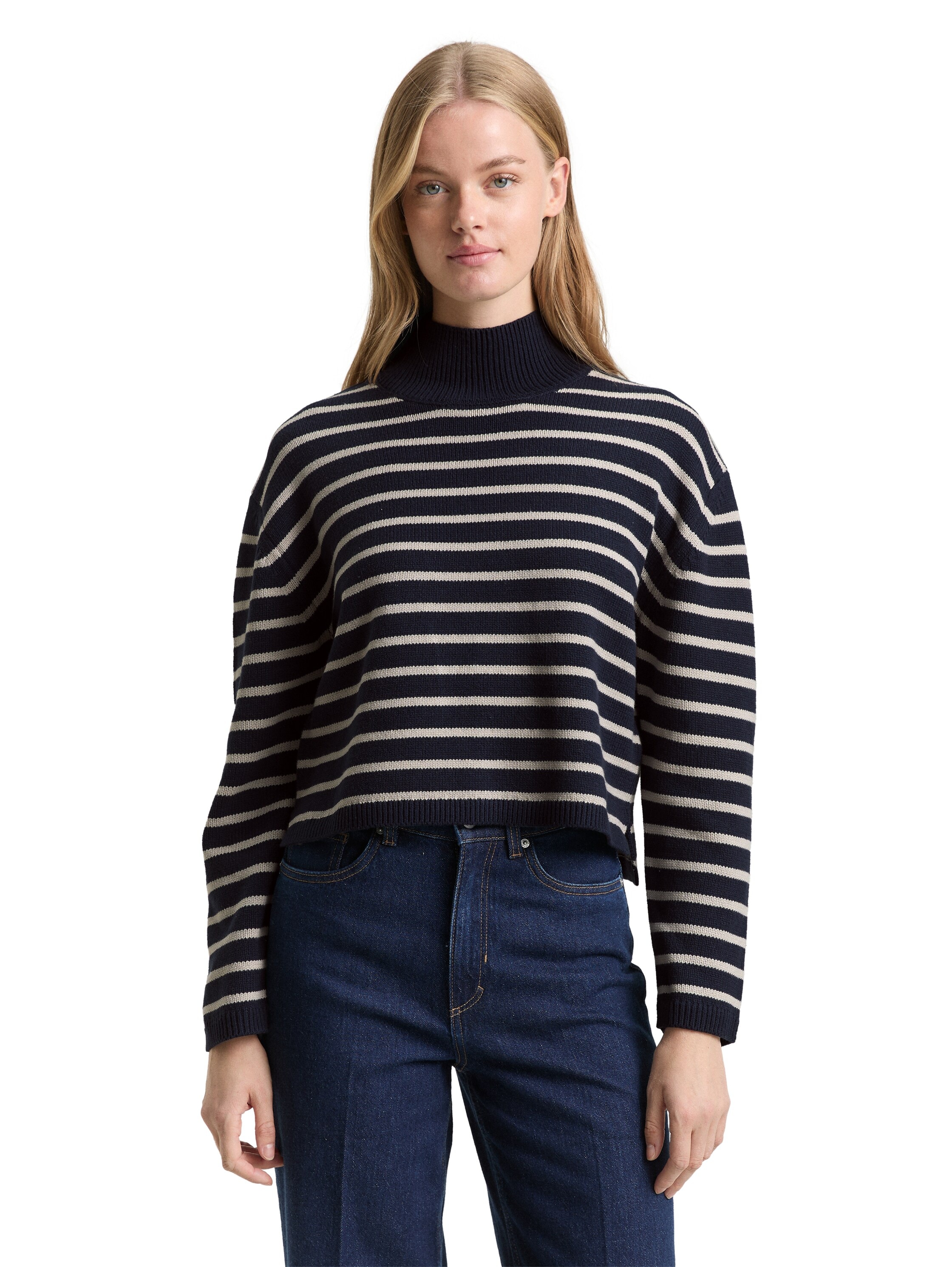 TOM TAILOR Denim Strickpullover im Streifen-Design und mit Stehkragen