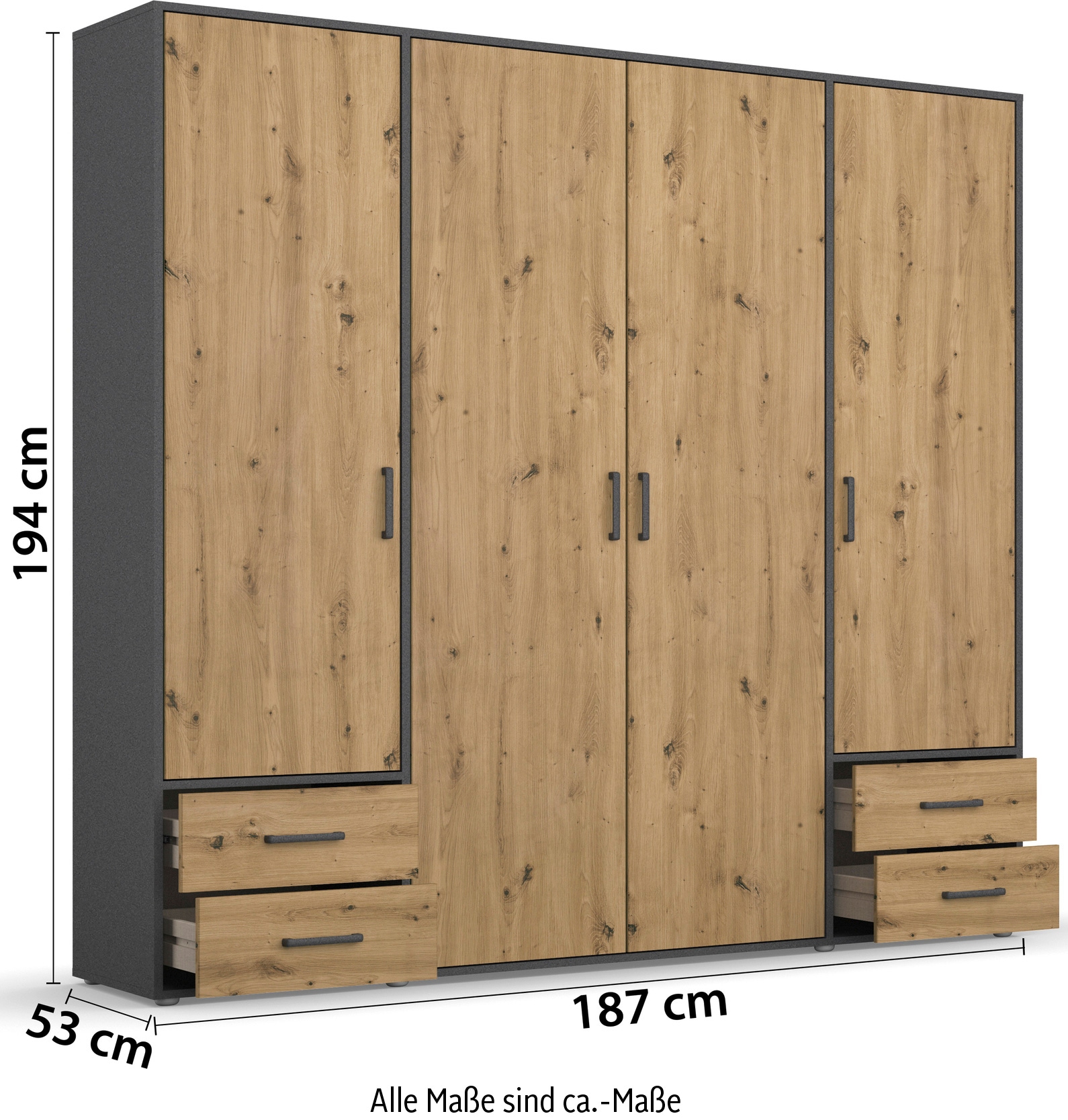 rauch Drehtürenschrank »Kleiderschrank Schrank Garderobe Wäscheschrank VOYAGER«, (in 3 verschiedenen Ausstattungen BASIC/CLASSIC/PREMIUM), moderne Griffe in Graumetallic mit Außenschubkästen MADE IN GERMANY