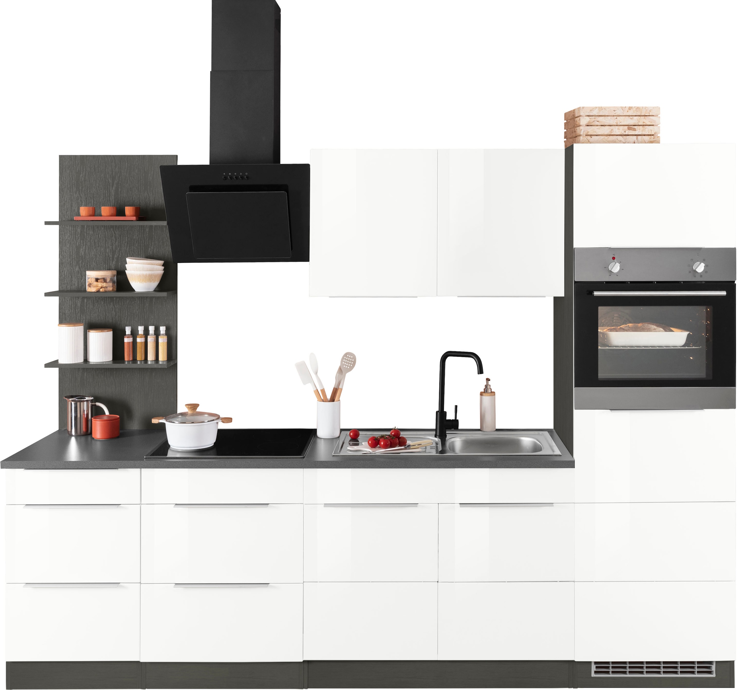 KOCHSTATION Küchenzeile "KS-Brindisi Breite 270 cm" wahlweise mit E-Geräten und Induktion, mit MDF-Fronten und Regal
