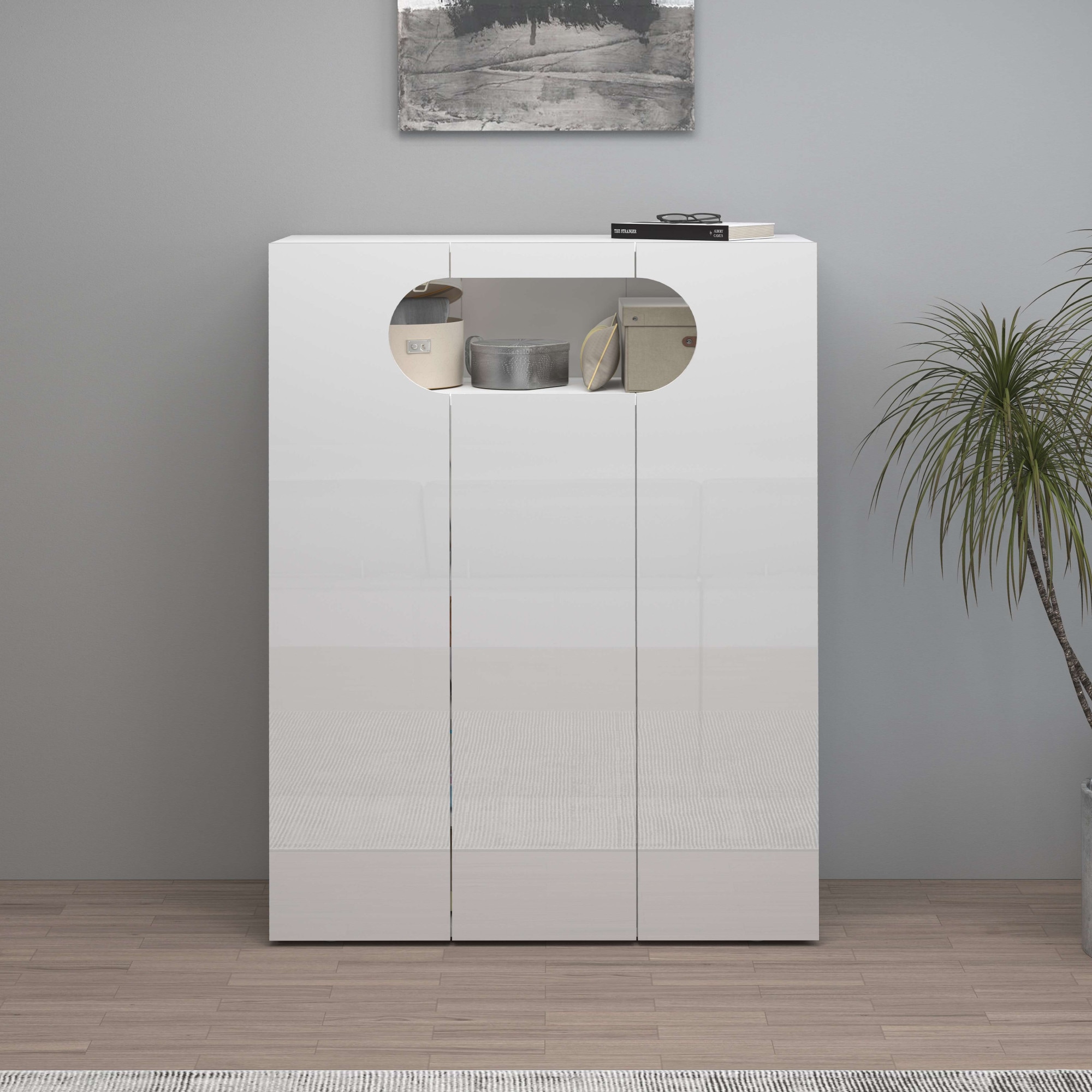 INOSIGN Schuhschrank »Real,Schuhschrank,Schuhkommode,Schuhregal,Breite 90 cm«, komplett Hochglanz lackiert, 3 Türen mit offenem Fach in ovaler Form