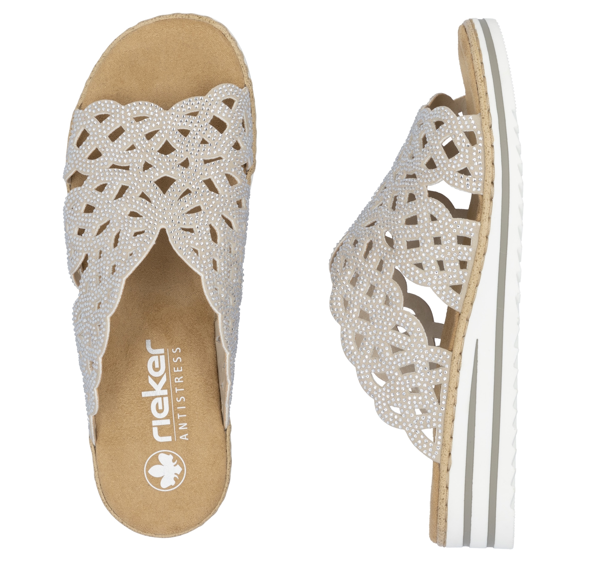 Rieker Pantolette, Sommerschuh, Strandschuh, Hausschuh, Keilabsatz, mit Strass-Steinchen