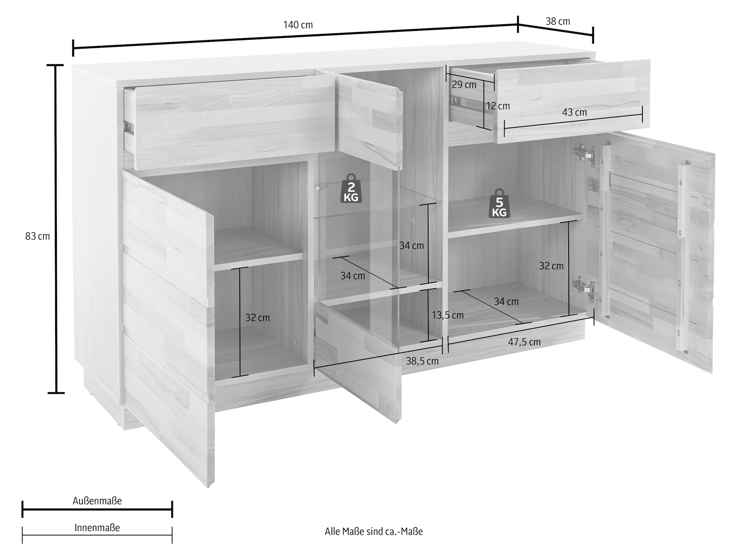 Home affaire Sideboard, Breite 140 cm, mit 2 Schubkästen, teilmassiv, FSC®-zertifiziert