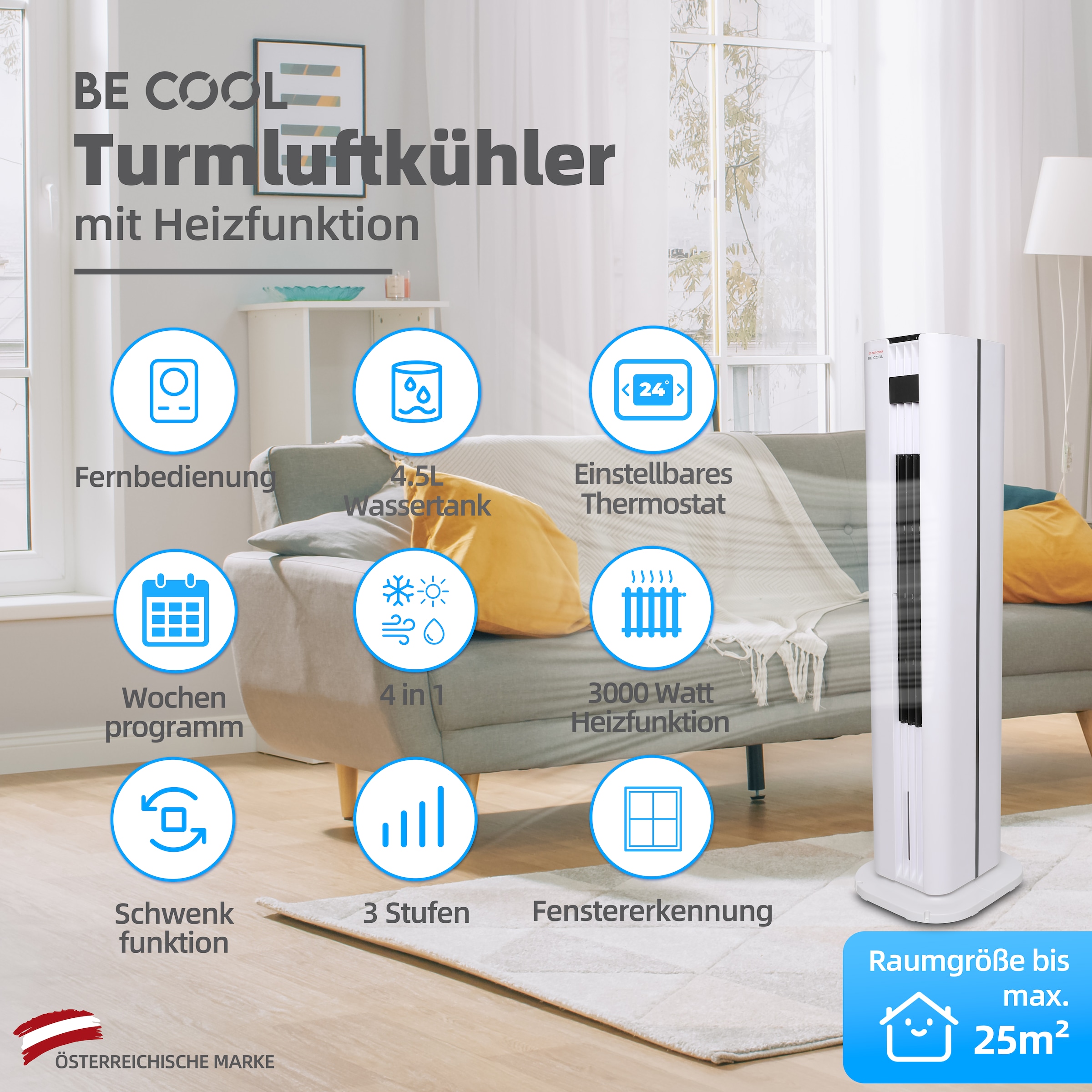 be cool Ventilatorkombigerät »Turmluftkühler mit Heizfunktion und 4,5l Wassertank BCTACHC4 weiß«, automatische Oszillation, Touch-Bedienfeld, Heizfunktion