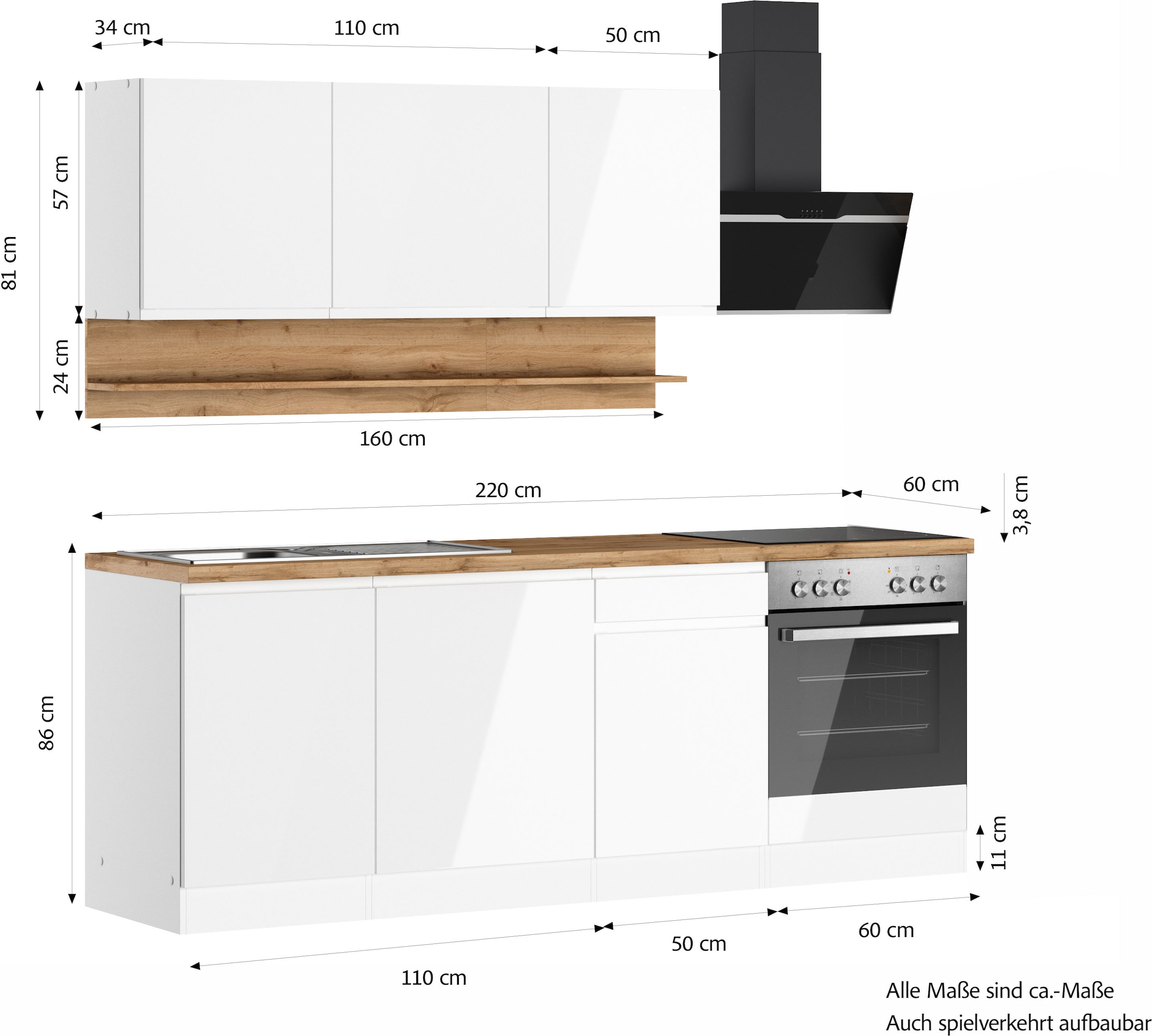 KOCHSTATION Küchenzeile »KS-Virginia,neu in verbesserter Ausführung« Arbeitsplatte 38 mm stark, Stauraum, Softclose,  Breite 220 cm, Soft-Close, wahlweise mit E-Geräten