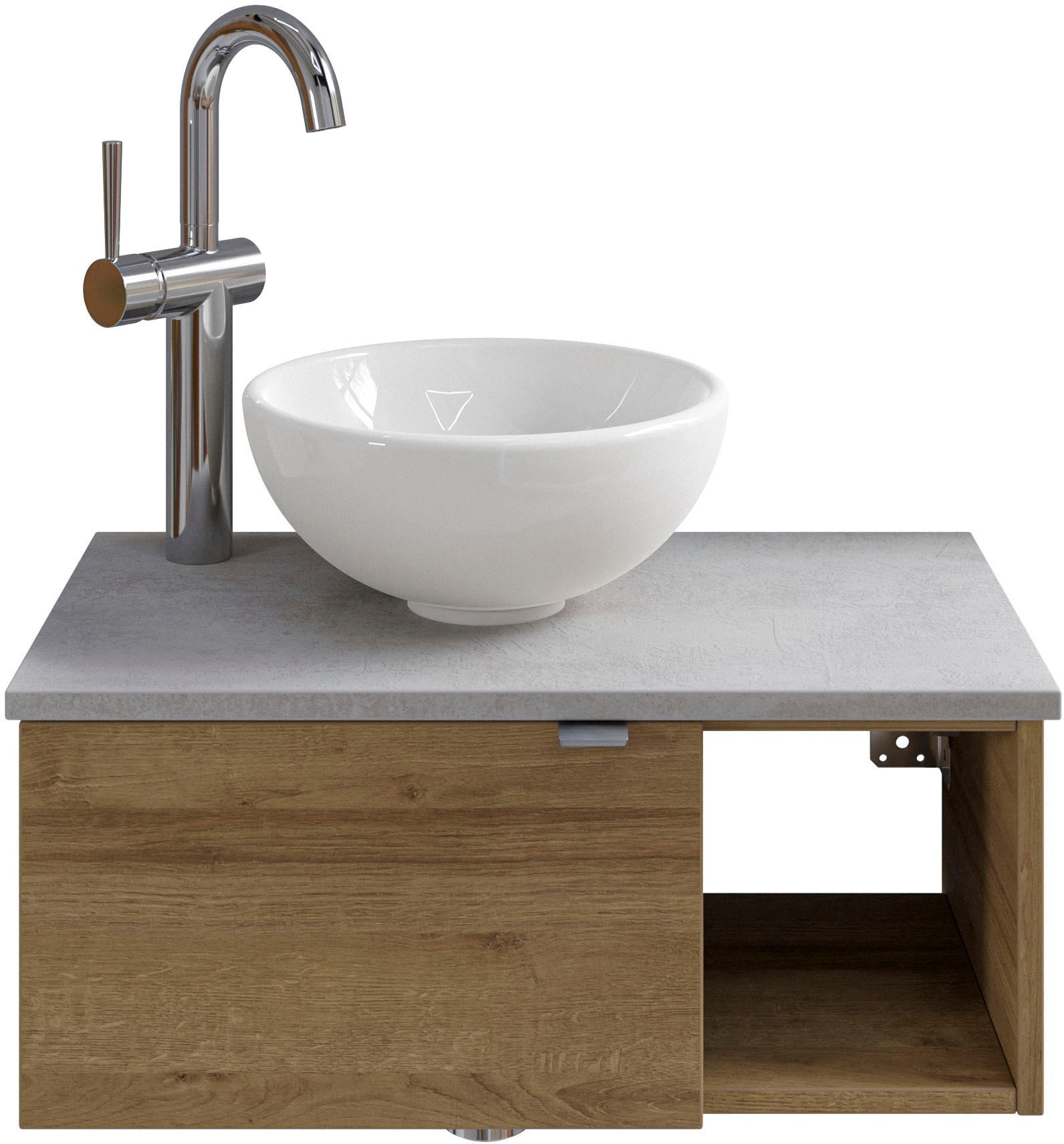 Saphir Waschtisch "Serie 6915 Waschschale mit Unterschrank für Gästebad, Gäste WC" Keramik-Aufsatzbecken, Waschtischplatte, Waschtischunterschrank, 3 Stk. tlg. 61 cm breit, 1 Tür, offenes Fach, kleine Bäder, ohne Armatur