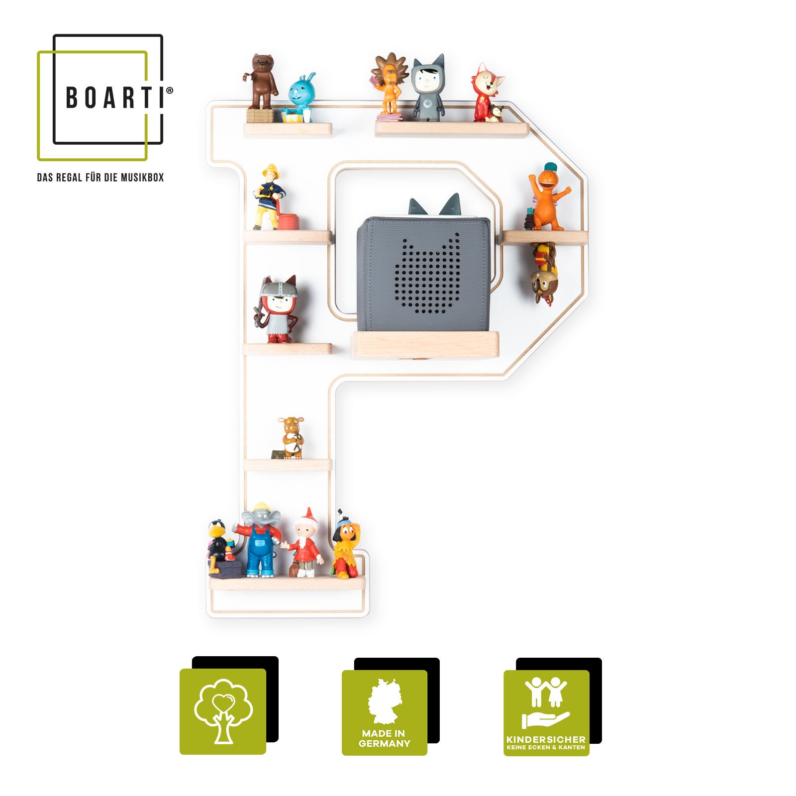 Boarti Wandregal »Holz Regal Buchstabe P für Toniebox Tonies Figuren«