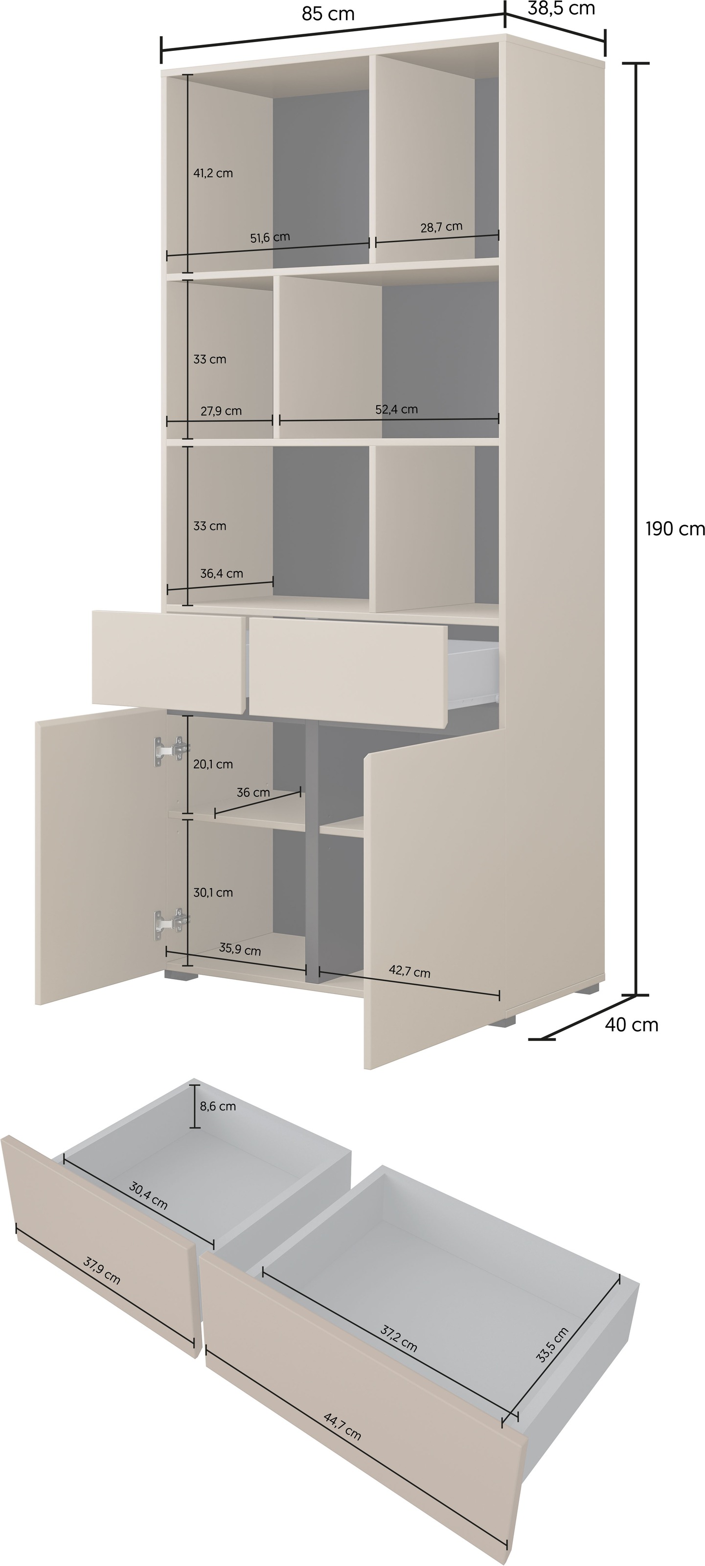 OTTO home Aktenschrank »Cross, Breite 85 cm, modernem grifflose Standregal, Bücherregal« Standregal mit 6 offene Fächern, 2 Schubladen und 2 Türen, Büroregal