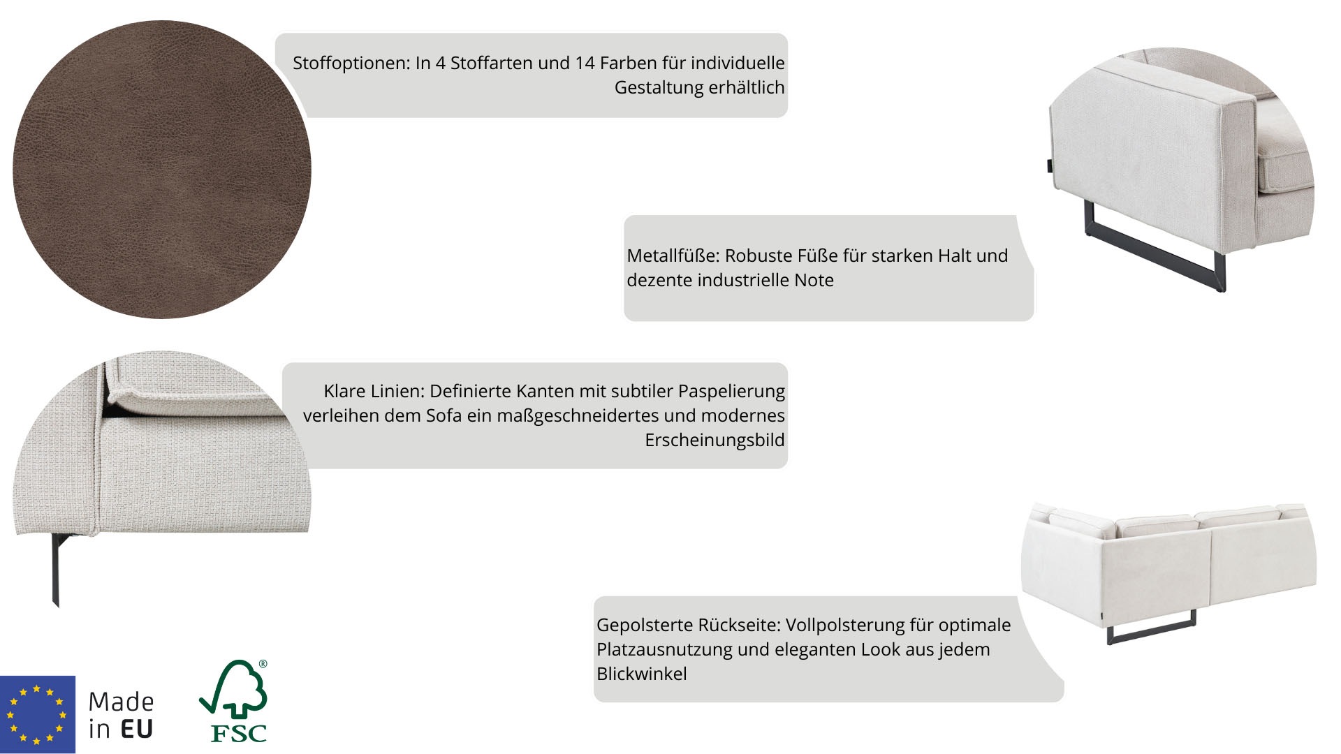 Places of Style 3-Sitzer »Pinto«, mit Keder, Metallfüßen und auch in Cord Bezug erhältlich