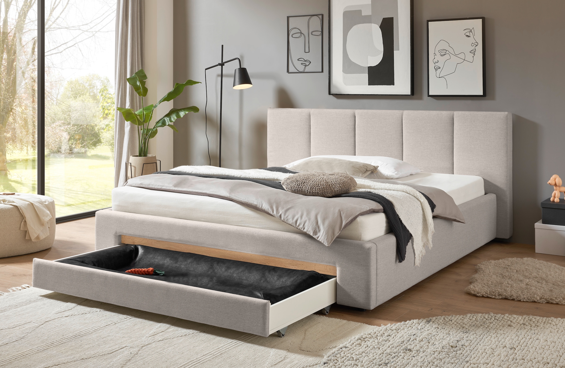 INOSIGN Polsterbett »CiTY/GiRON, Bettgestell mit Bettkasten, gepolstertes Stauraumbett«, mit Hundebett oder Stauraumschublade, Bezug Cord-oder Leinenoptik