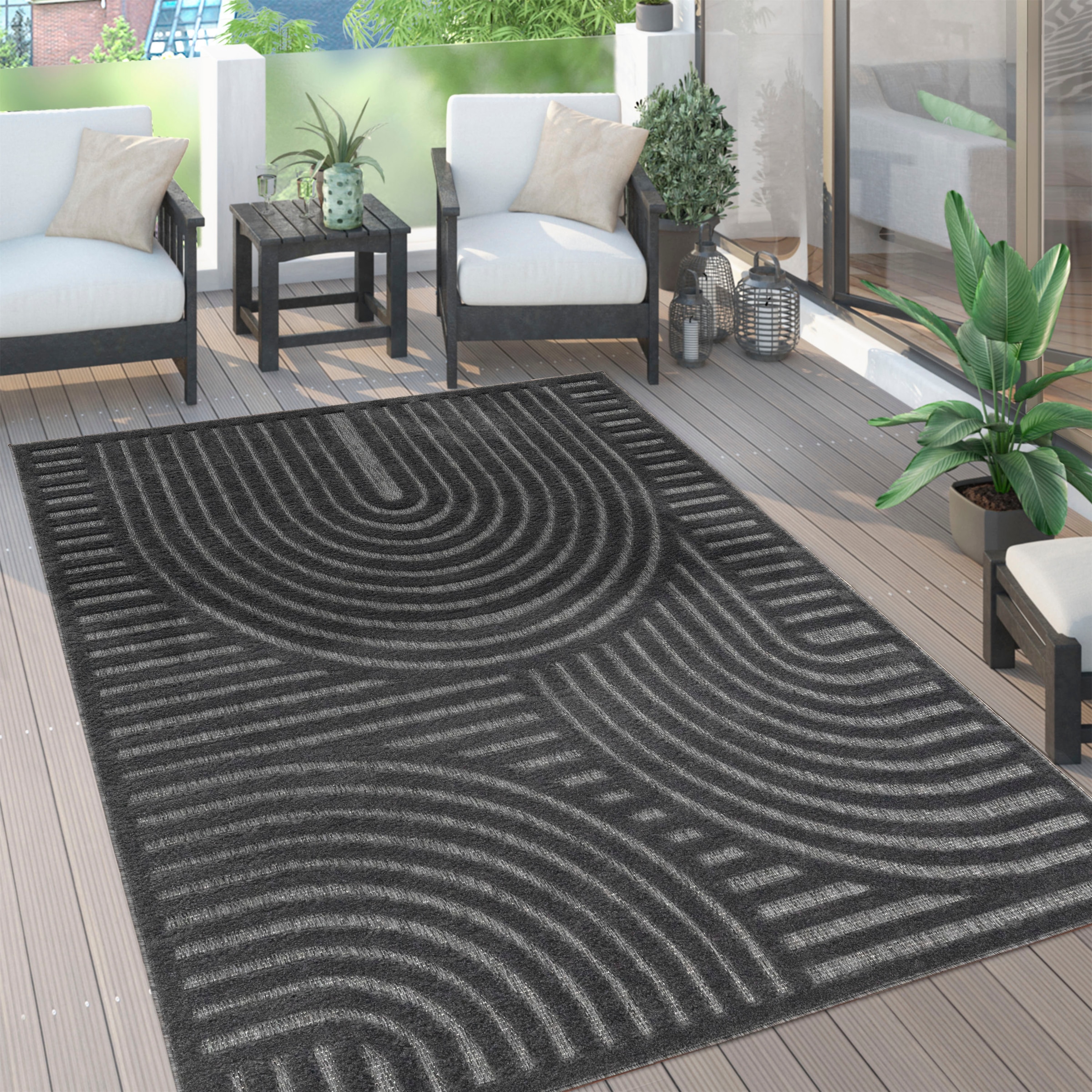 Tapis Exterieur Terrasse Salon Cuisine Motif Scandinave Motif Ethnique Uni 60x100 cm, Anthracite 4 - Paco Home