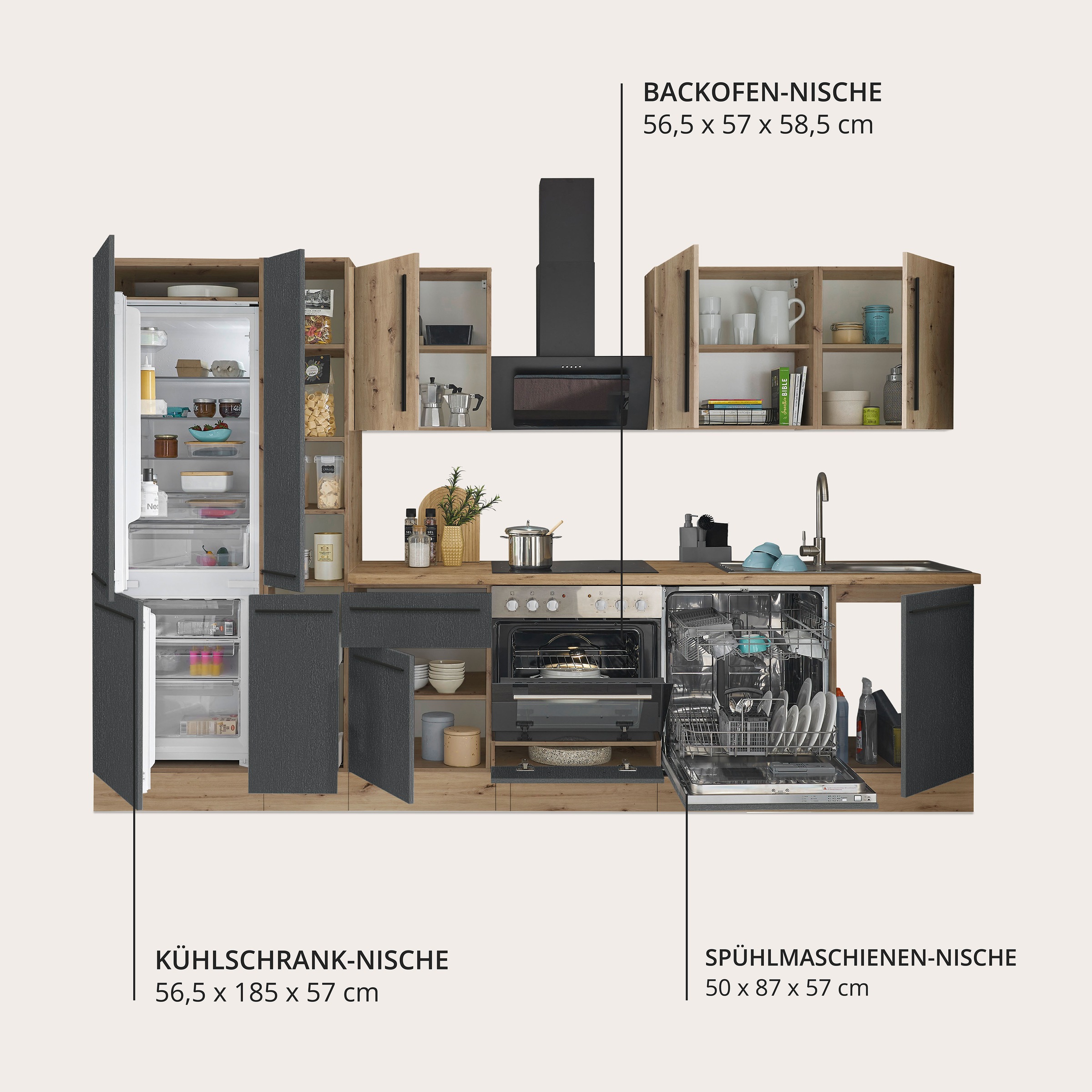 KOCHSTATION Küchenzeile »Florida« Breite 310 cm, wahlweise mit E-Geräten,Softclose für Türen/Schubkästen