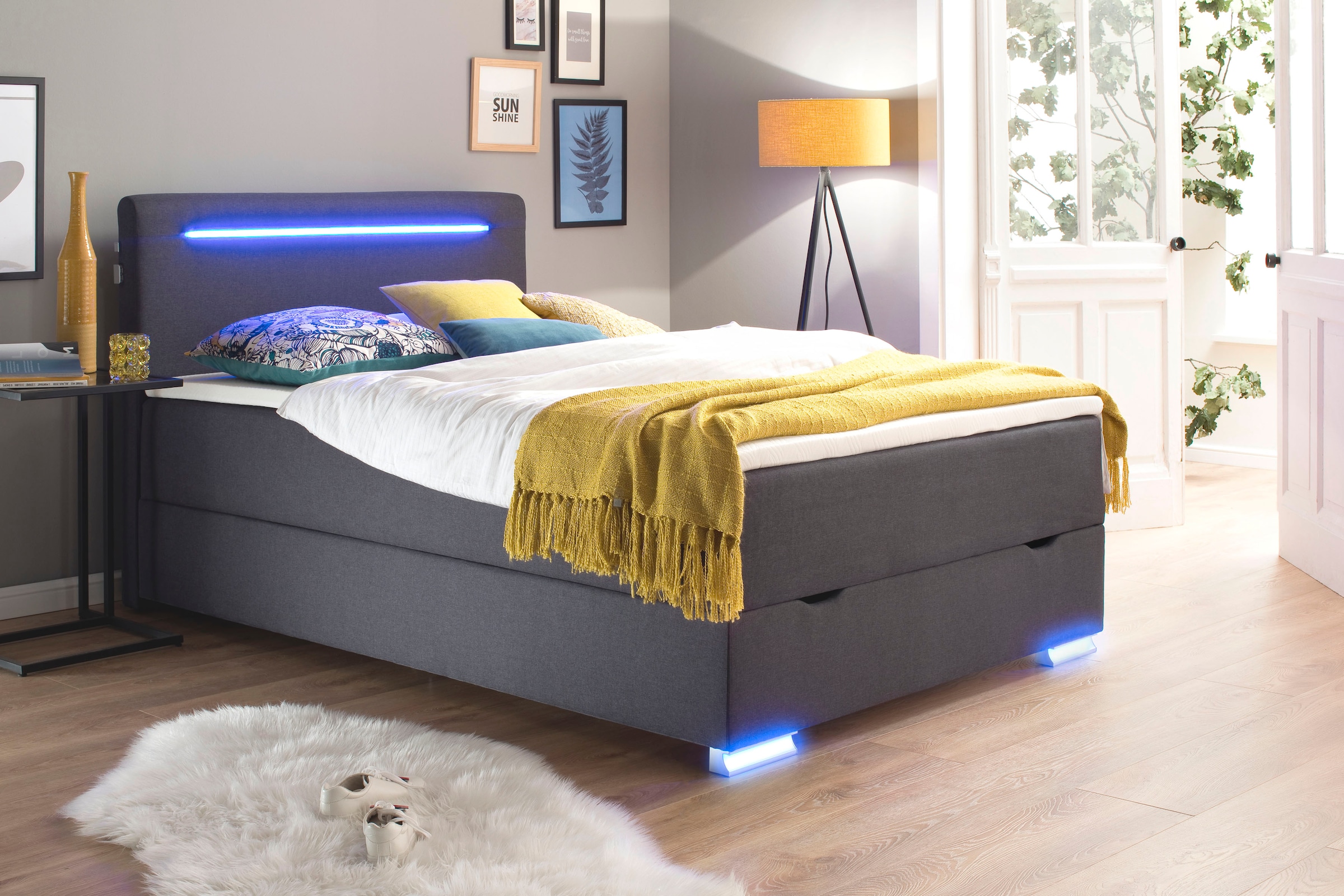 Boxspringbett »Las Vegas«, Füße und Kopfteil mit LED-Beleuchtung, mit Bettkasten und...