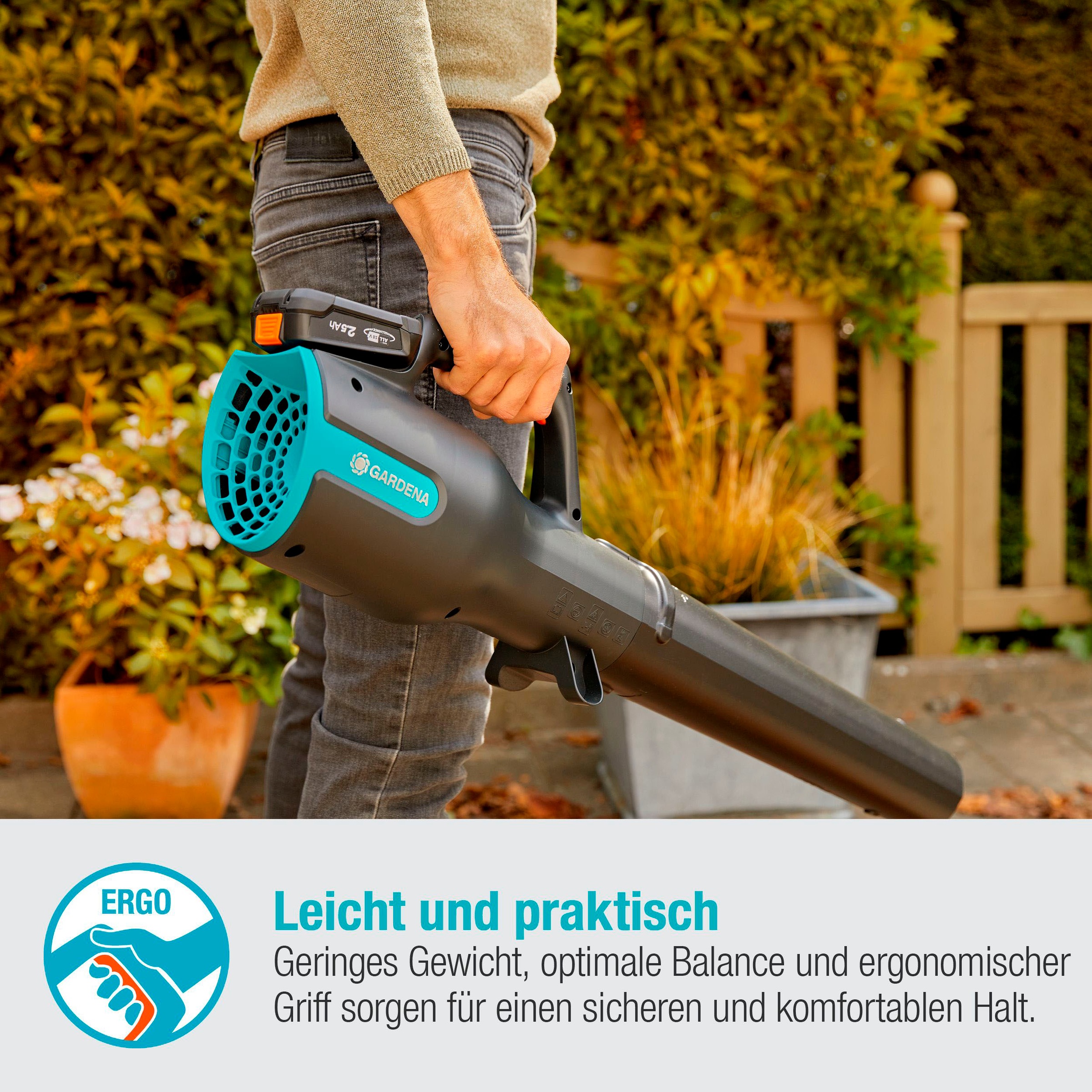 GARDENA Akku-Laubbläser »PowerJet 18V P4A Ready-To-Use, 14890-20«, (Set, inkl. Akku und Ladegerät), 100 km/h Luftgeschwindigkeit
