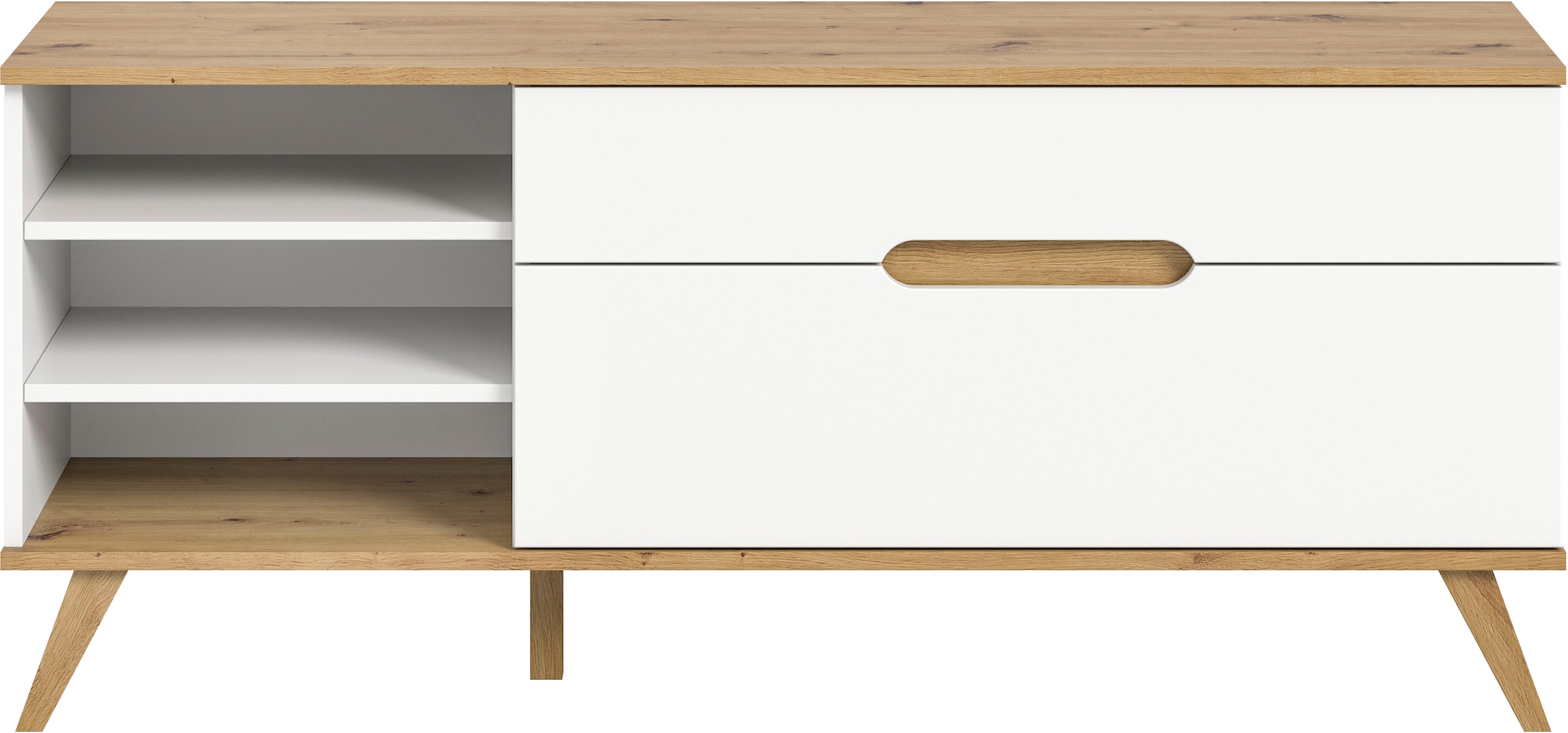 Home affaire Lowboard »Alesund, Breite 140 cm, 1 Klappe, 1 Schubkasten, konischer Fuß«, Scandi-Look, TV-Möbel, TV-Schrank, TV-Lowboard, Mediaboard, Wohnmöbel