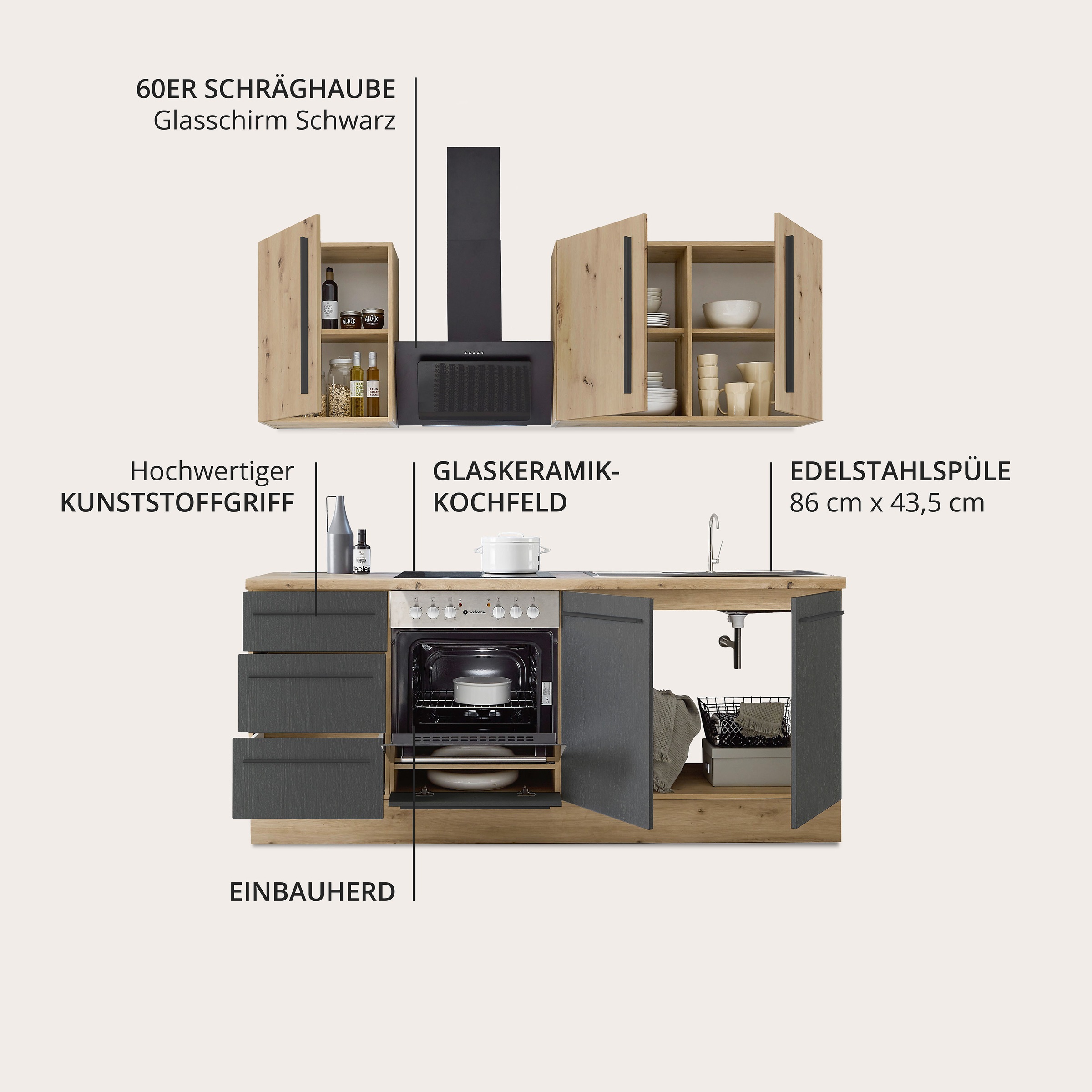 KOCHSTATION Küchenzeile »KS-Florida mit 38mm starker Arbeitsplatte«, Breite 210 cm, wahlweise mit E-Geräten, Soft-Close-Funktion