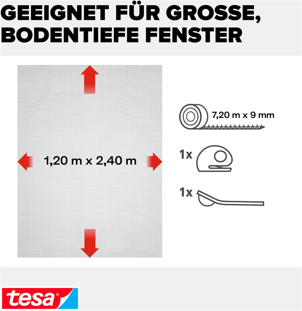 tesa Fliegengitter-Gewebe »Premium für Fenster, Insektenschutz mit Klettband - 120 x 240 cm« Packung, Fliegennetz, Klettband, Andrück und Schneidehilfe, 1 Stk. tlg. Mückenschutz mit starkem Klettband, rückstandsfrei entfernbar