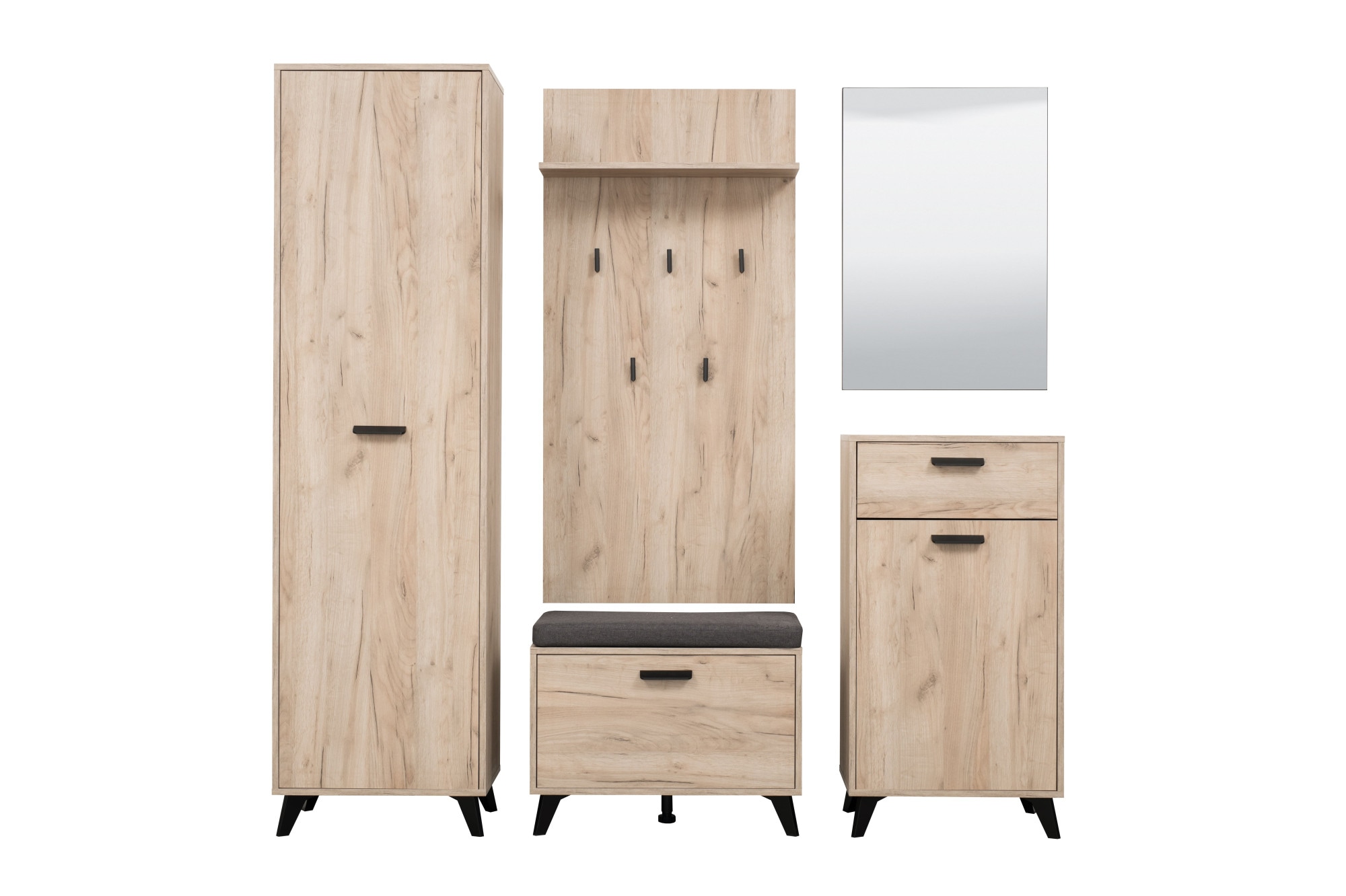 INOSIGN Garderoben-Set »Umbria, Flurmöbel, Dielenmöbel, Breite 175 cm, in Grau Eiche«, (Komplett-Set, 5 St., 5-st), (Set, 5-St) inkl. 2 Schränke, Sitzbank, Garderobenpaneel und Spiegel