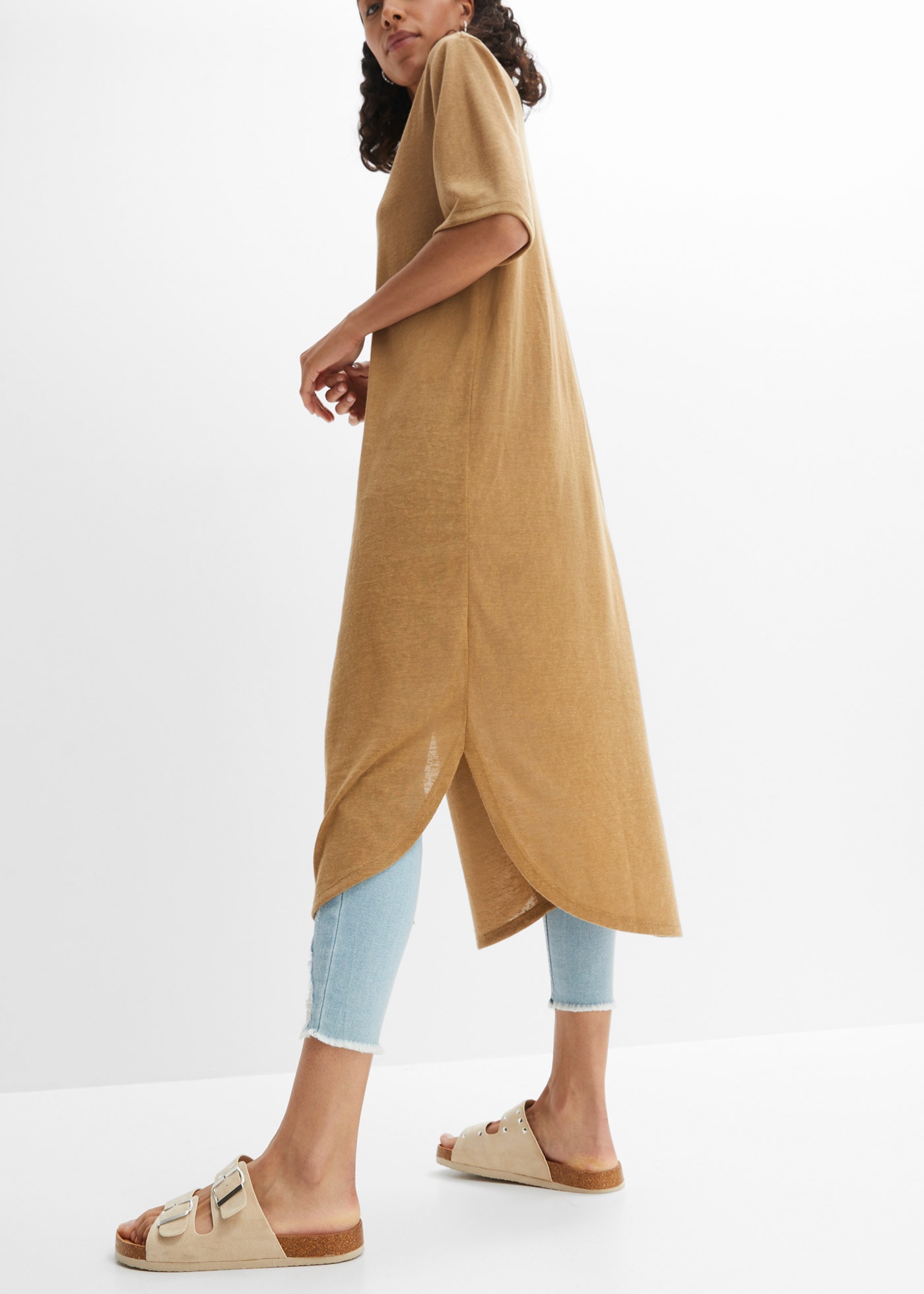 bonprix Strickmantel aus Polyester, Halbarm-Ärmel, offenes Design in Leinenoptik