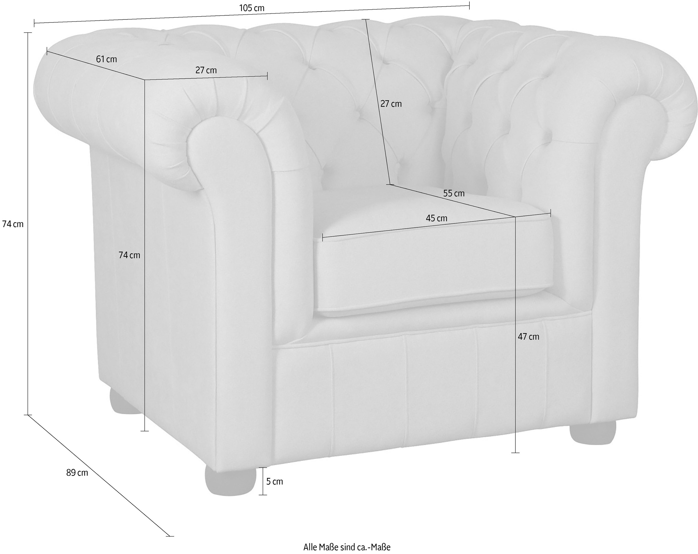 Home affaire Sessel »CHARENTE, Chesterfield, Wellenfederung, Maße B/T/H: 105/89/74 cm«, mit edler Knopfheftung und typischen Armlehnen