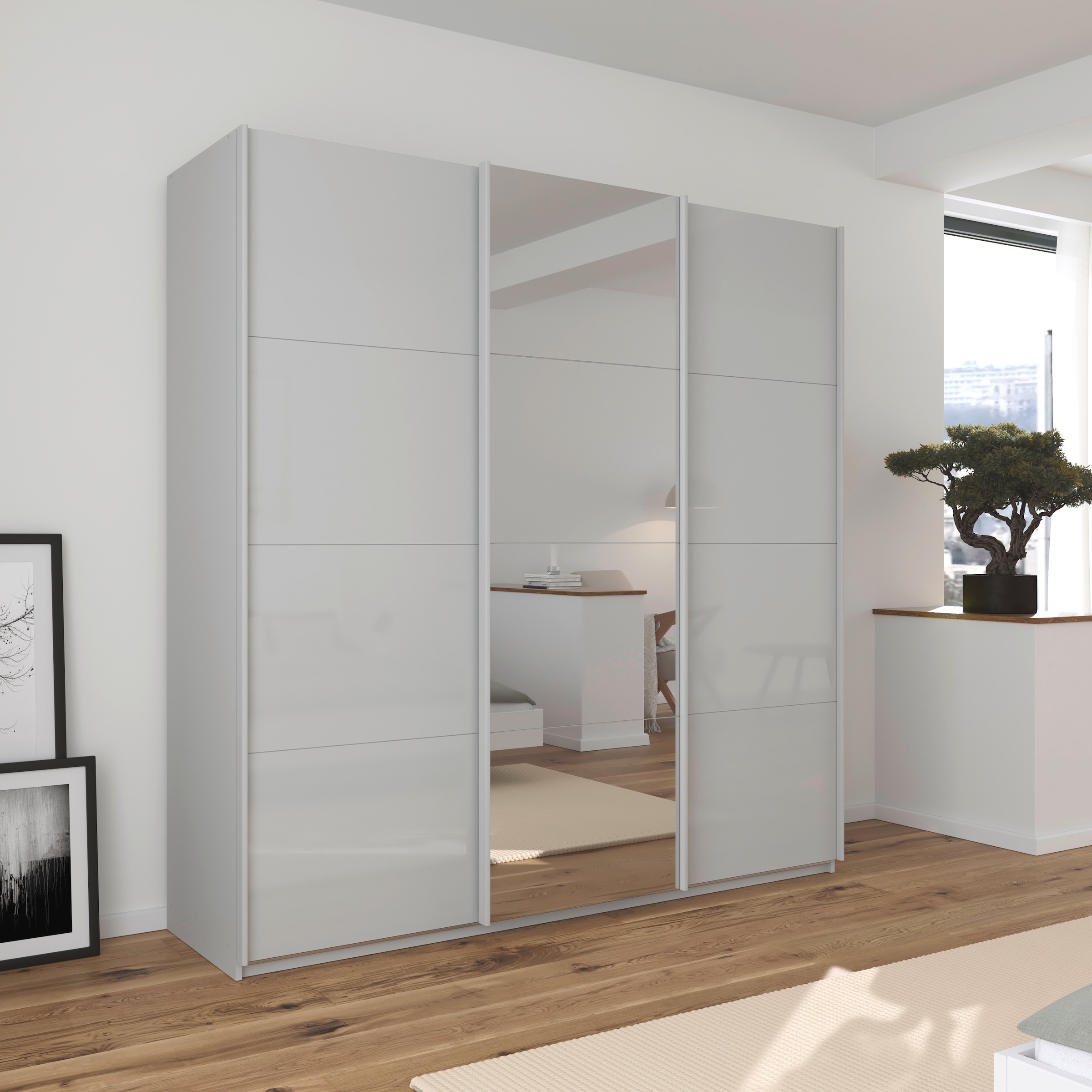 rauch Schwebetürenschrank »Kleiderschrank Kleiderschränke Schrank Garderobe AGORDO mit Glasfront« durchdachte Innenausstattung, in 4 Breiten und 2 Höhen MADE IN GERMANY