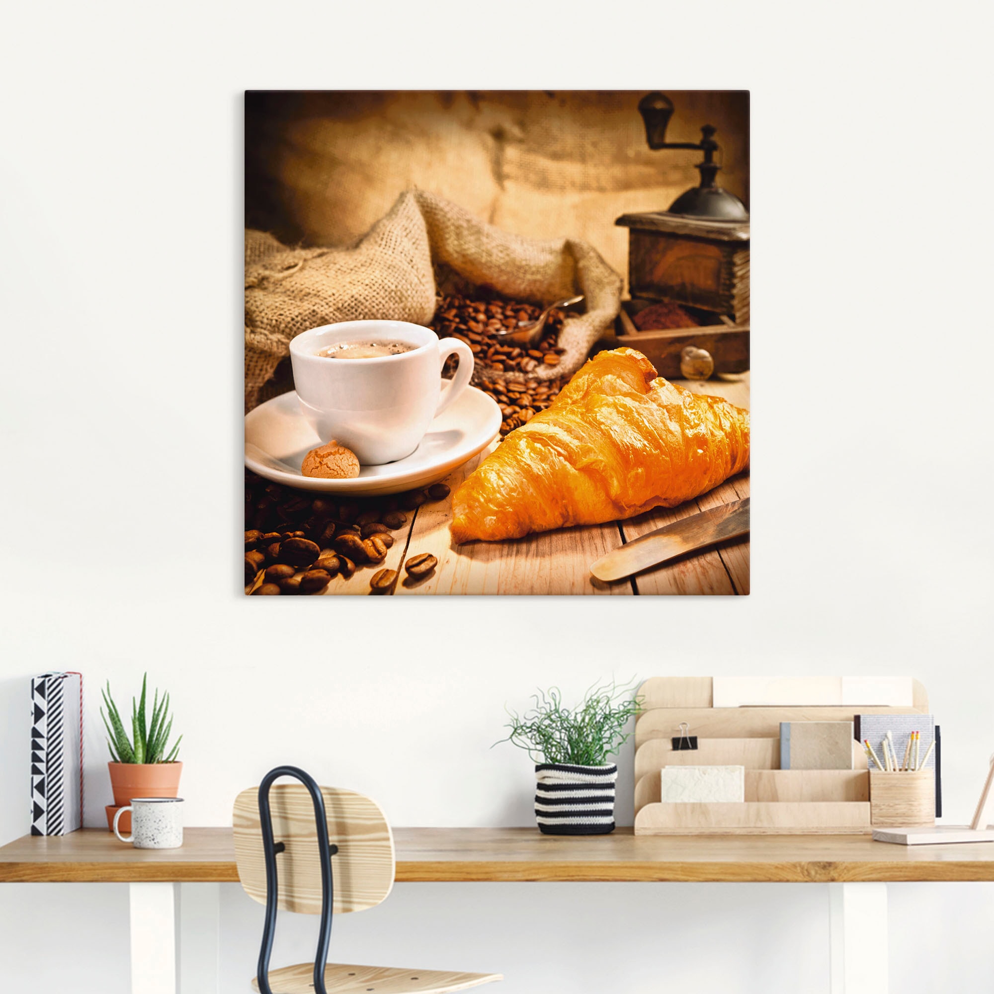 Artland Leinwandbild »Kaffeetasse mit Croissant« Getränke 1 Stk. tlg. auf Holzrahmen gespannt