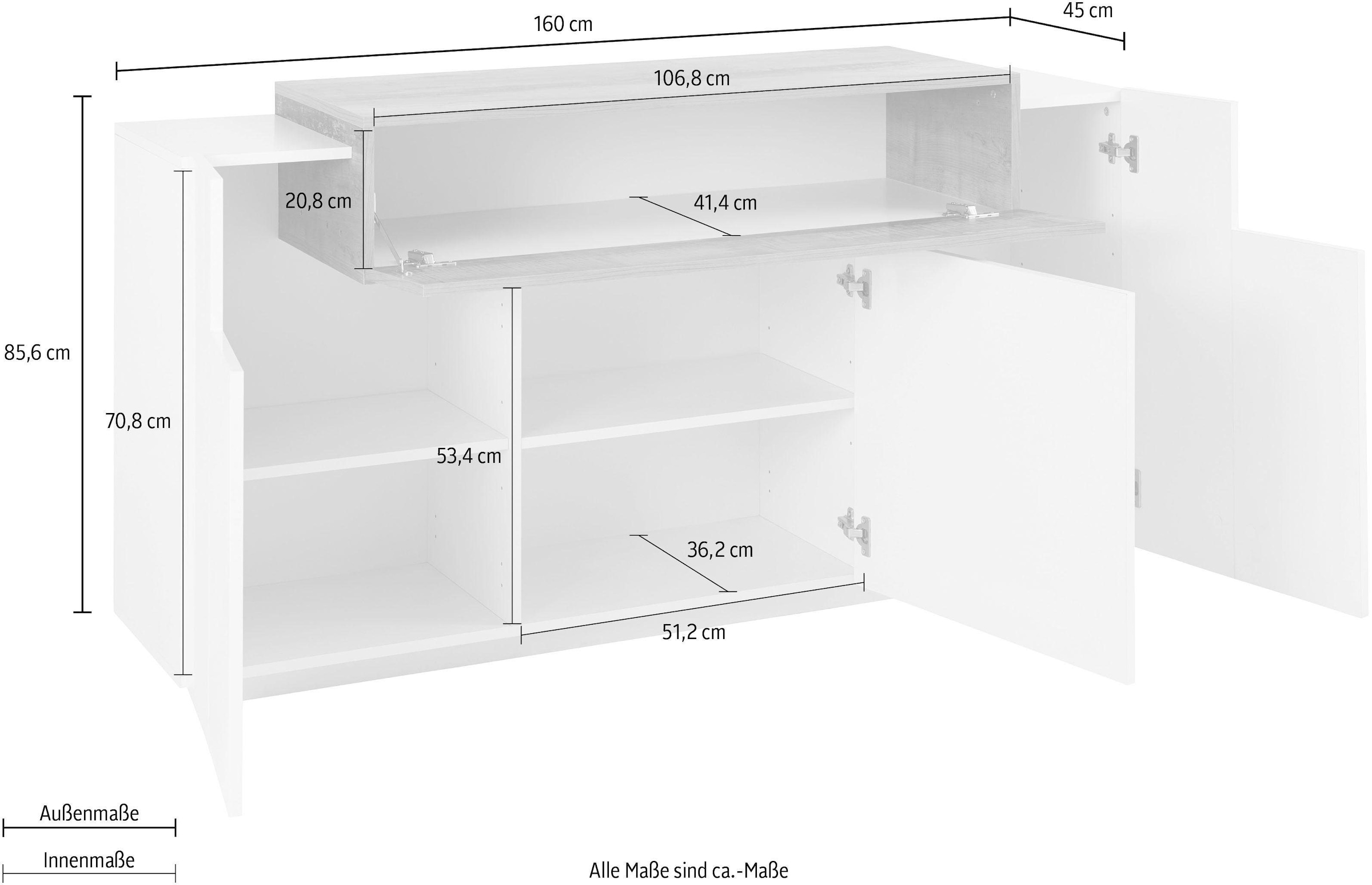 INOSIGN Sideboard »Coro, Kommode, Schrank, Kredenz, grifflos mit Einlegeböden«, mit 1 klappe, 3 Türen, Doppeltiefe B/T/H 160x45x85,6cm