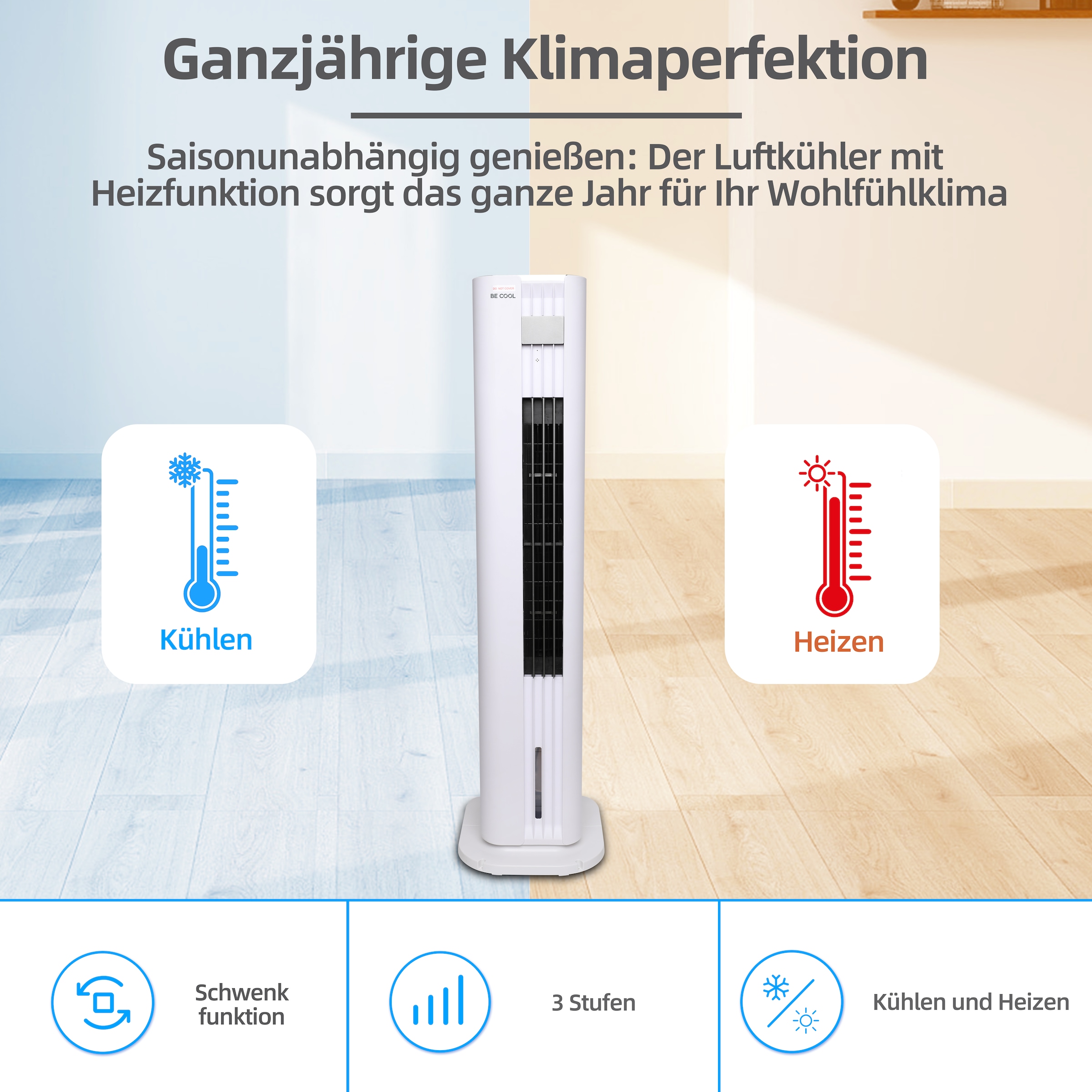 be cool Ventilatorkombigerät »Turmluftkühler mit Heizfunktion und 4,5l Wassertank BCTACHC4 weiß«, automatische Oszillation, Touch-Bedienfeld, Heizfunktion