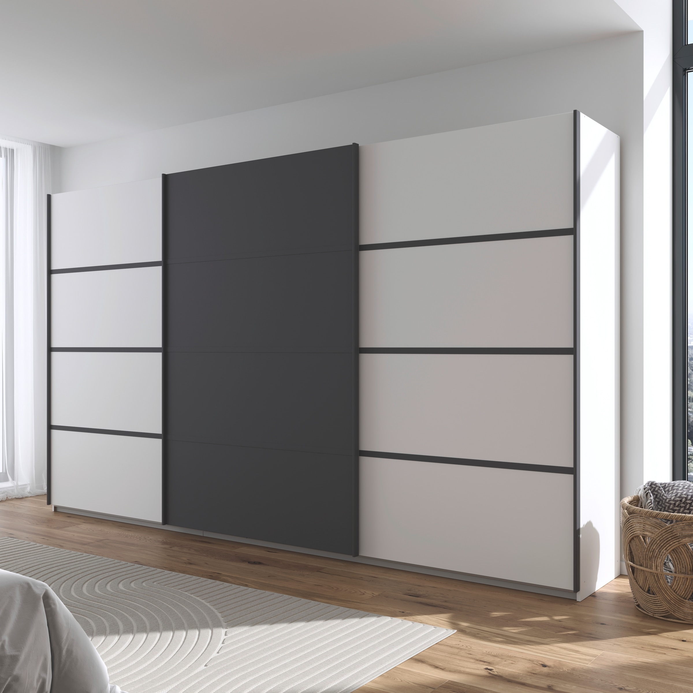 rauch Kleiderschrank »Schwebetürenschrank Garderobe Schrank TOP ANGEBOT Avola«, (in 3 verschiedenen Ausstattungen BASIC/CLASSIC/PREMIUM), mit eleganten Zierleisten in Chrom, Schwarz oder Weiß MADE IN GERMANY