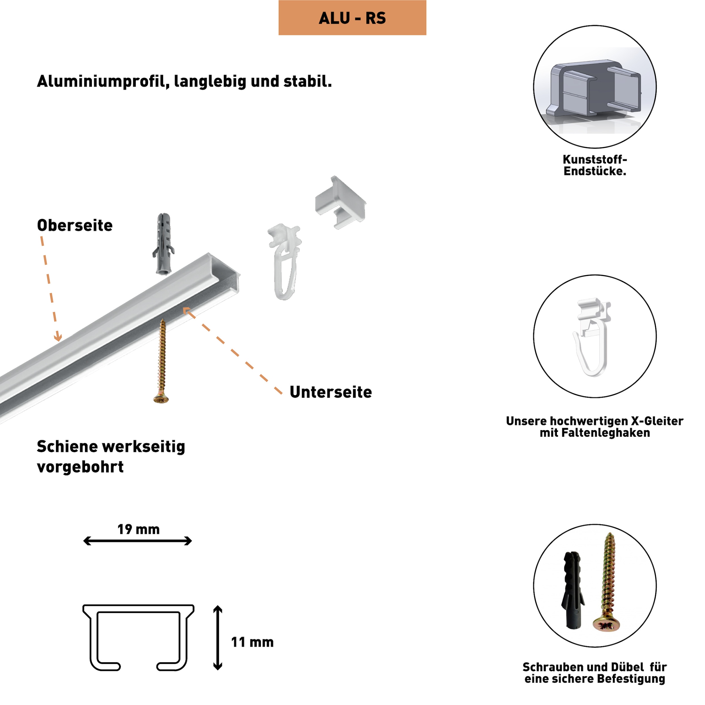 SN DECO GROUP Gardinenschiene »Objektschiene RS«, 1 läufig-läufig, Fixmaß, vorgebohrt, Aluminium, Innenlauf, Vorhangschiene