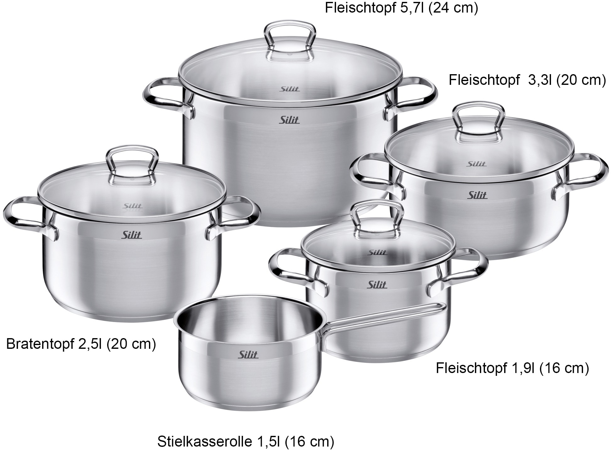 Silit Topf-Set »Toskana«, Edelstahl 18/10, (Set, 9 tlg., Bratentopf Ø 20 cm, Fleischtopf Ø 16/20/24 cm, Stielkasserolle Ø 16 cm), Induktion