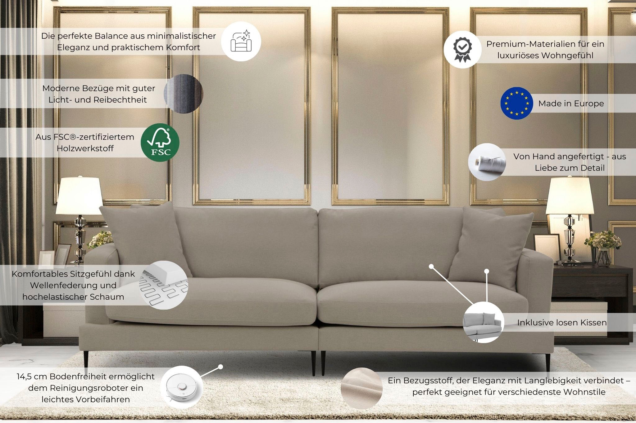 Leonique Big-Sofa »Cozy elegantes Designsofa, Maße B/T/H: 252/97/80 cm«, mit losen Kissen und Metallbeinen