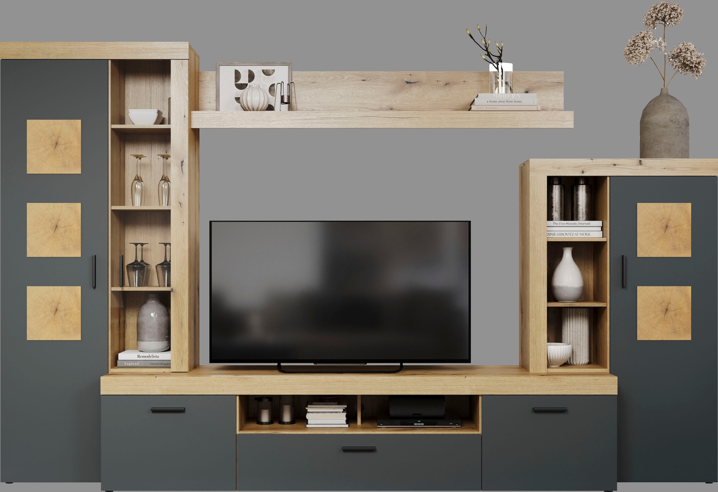 Home affaire Wohnwand »Ghent«, (Komplett-Set, 4 St.), Mit Hirnholzapplikationen - Aufgebaut (B/T/H): 331/52/206 cm