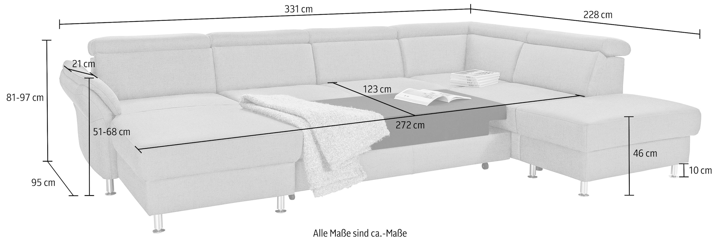 sit&more Wohnlandschaft »Avignon U-Form«, wahlweise mit Bettfunktion und Stauraum, inklusive Kopfteilverstellung