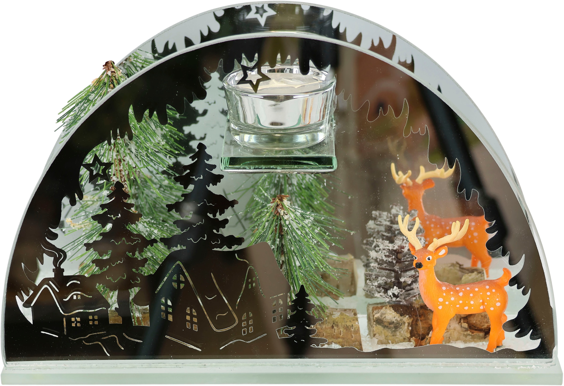 I.GE.A. Teelichthalter »Weihnachtsdeko, Kerzenhalter, Deko-Objekt«, (1 St.),  aus Spiegelglas, mit Hirsch-Deko in Winterlandschaft, Höhe ca. 15 cm auf  Raten kaufen | Teelichthalter