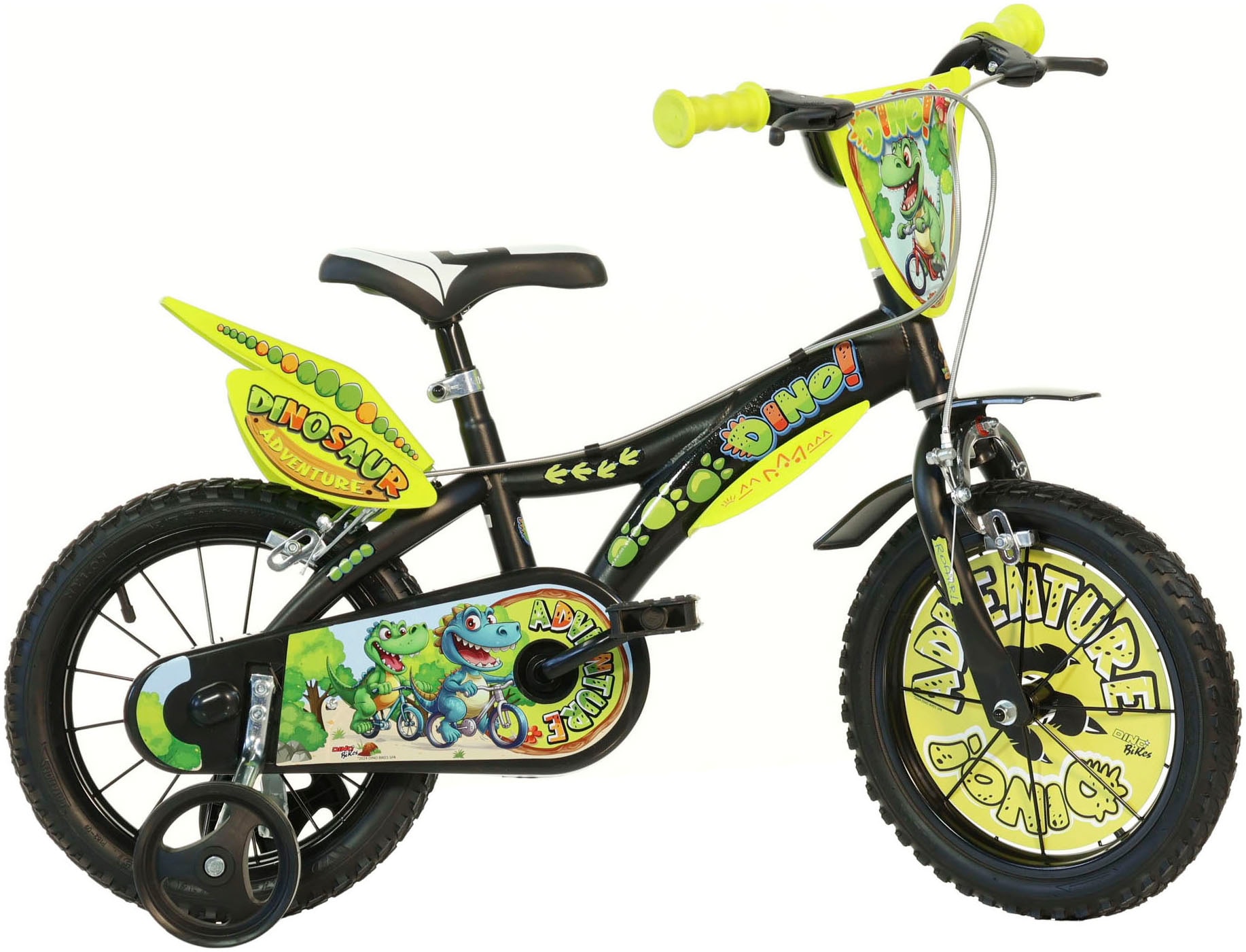 Dino Bikes Kinderfahrrad "Dinosaurier T-Rex" 1 Gang mit Stützrädern, Frontschild und coolen Schutzblechen