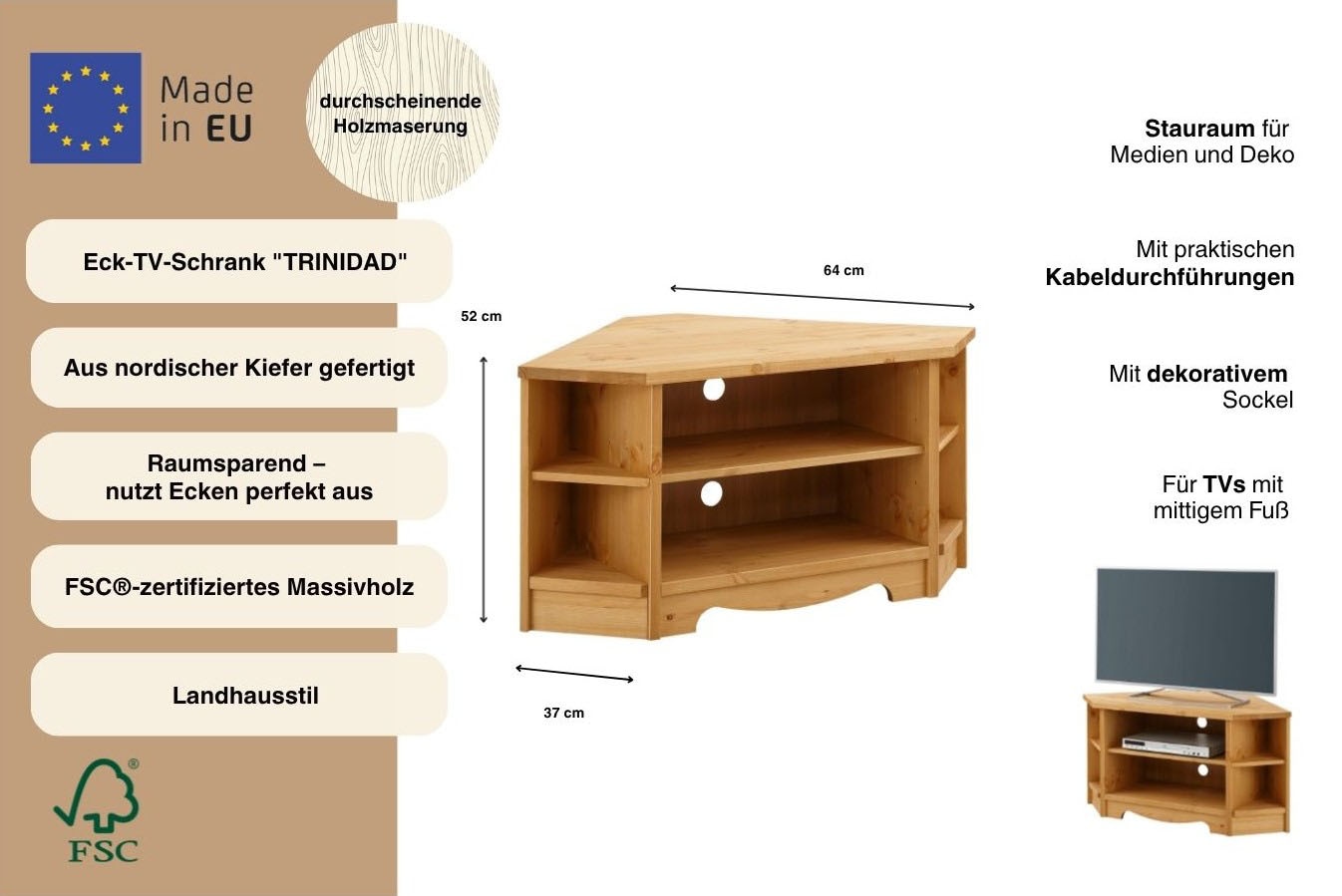 OTTO home Lowboard »Trinidad, TV-Schrank, Eck-TV -Schrank« Kommode, Breite 105 cm,  FSC® zertifiziertes Massivholz