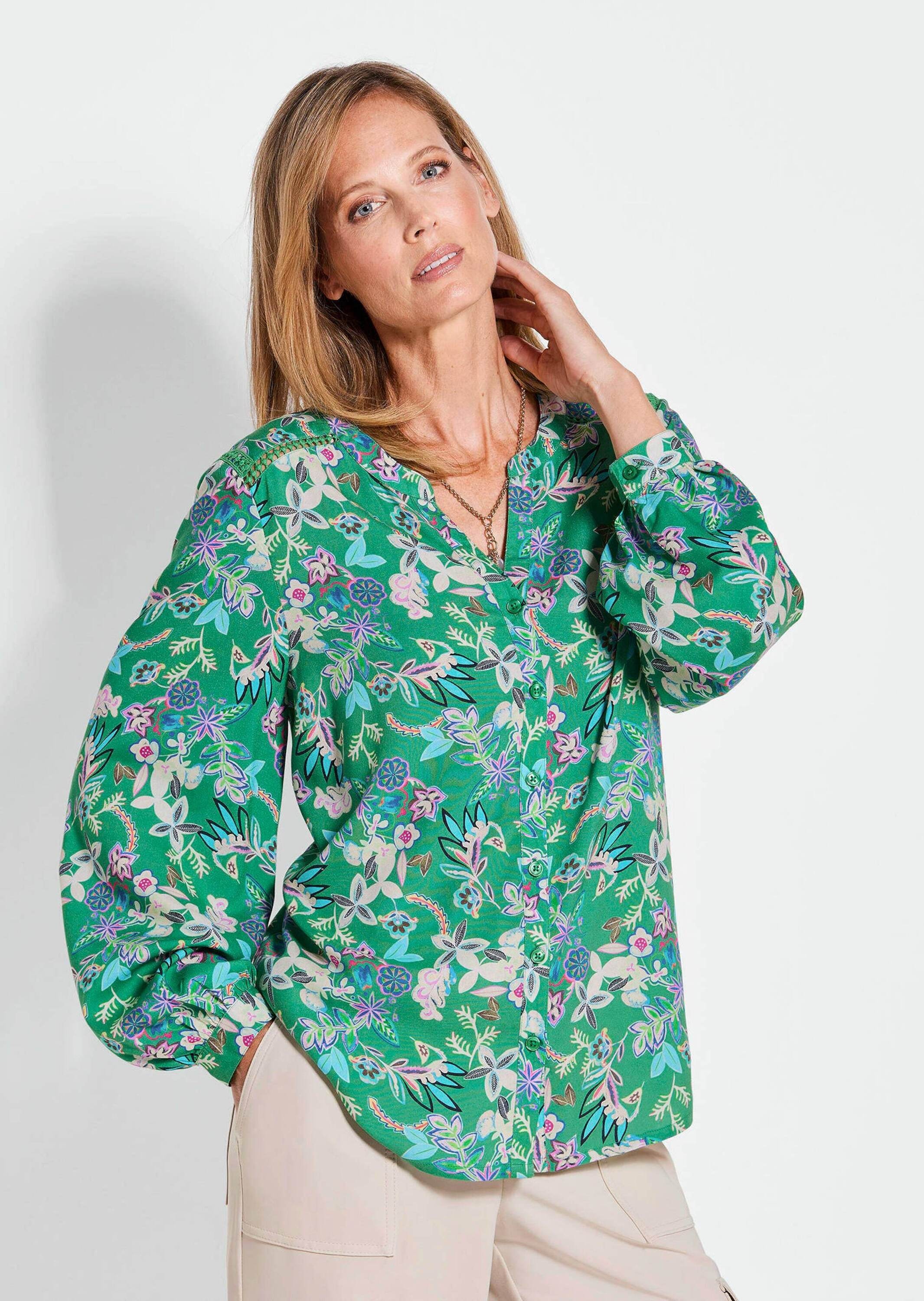 GOLDNER Kurzarmbluse »Kurzgröße Florale Viskosebluse Langarm« Knopfleiste