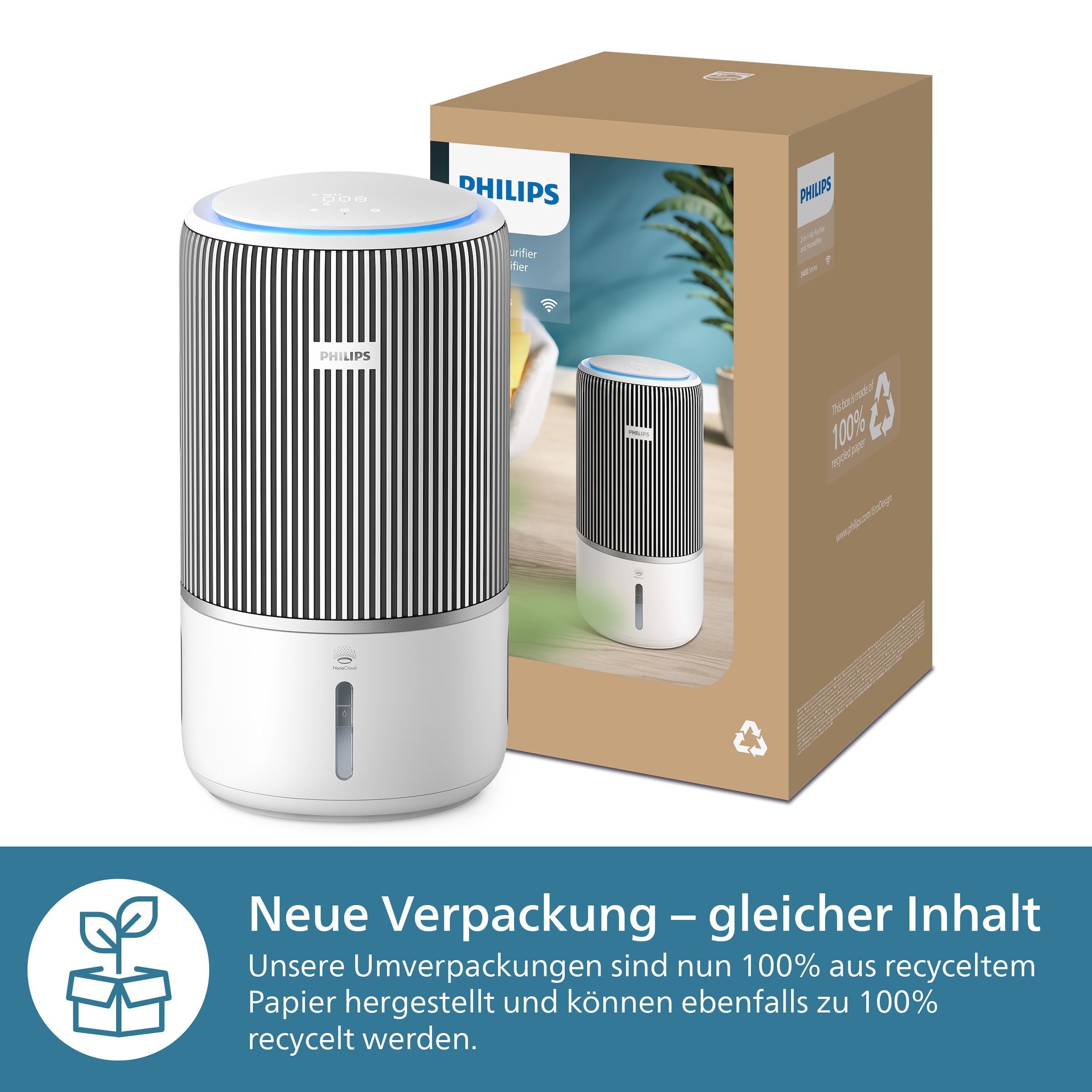 Philips Kombigerät Luftbefeuchter und -reiniger »AC3420/10 PureProtect Water 3400 Series, HEPA- und Aktivkohlefilter«, für 78 m² Räume, mit 300 m³/h CADR und 650 ml/h Befeuchtungsrate, WLAN, Air+ App