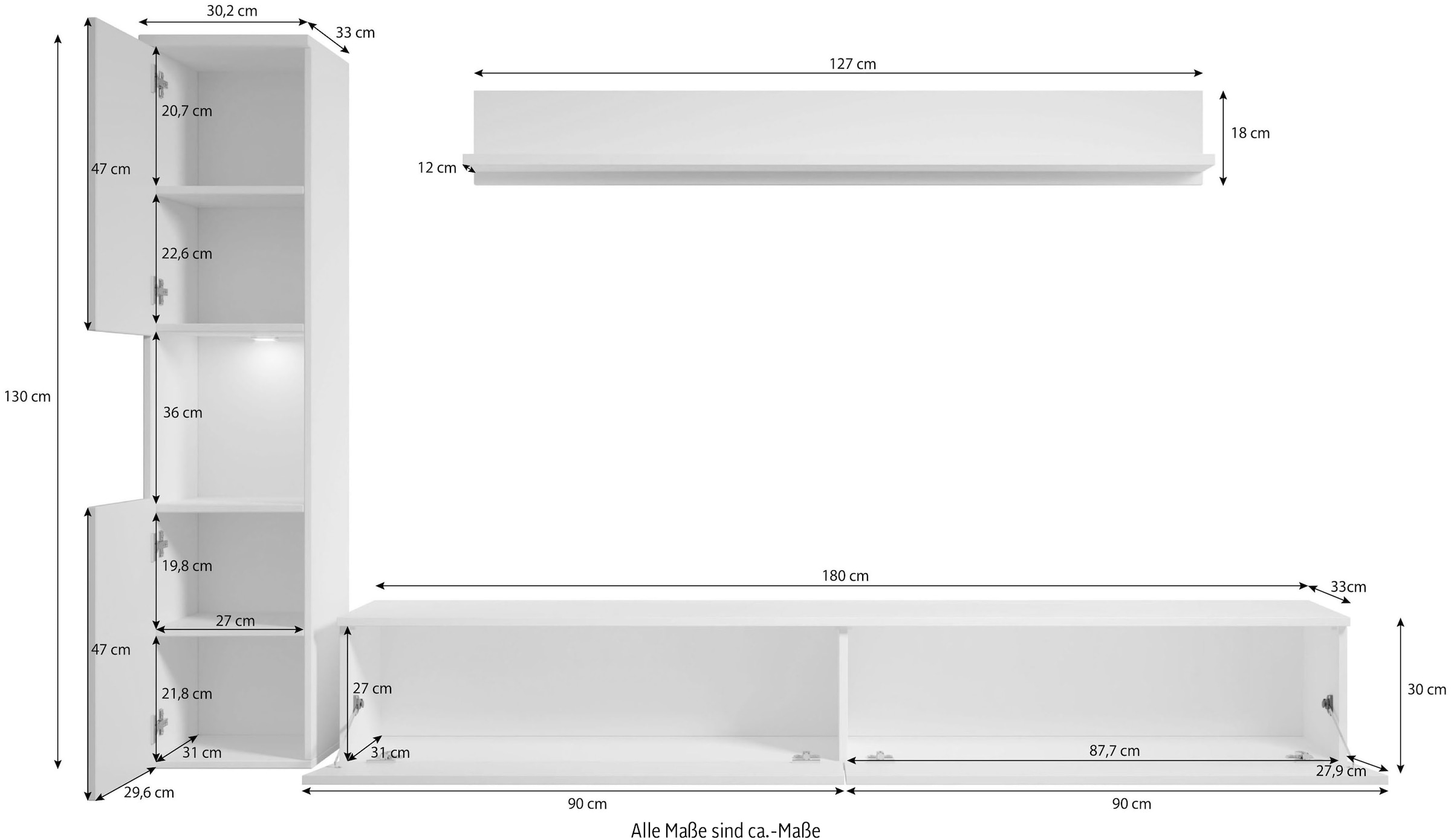 INOSIGN Wohnwand »PARIS, Vitrine Türanschlag links/rechts wechselbar« Komplett-Set, 3 Stk. tlg.